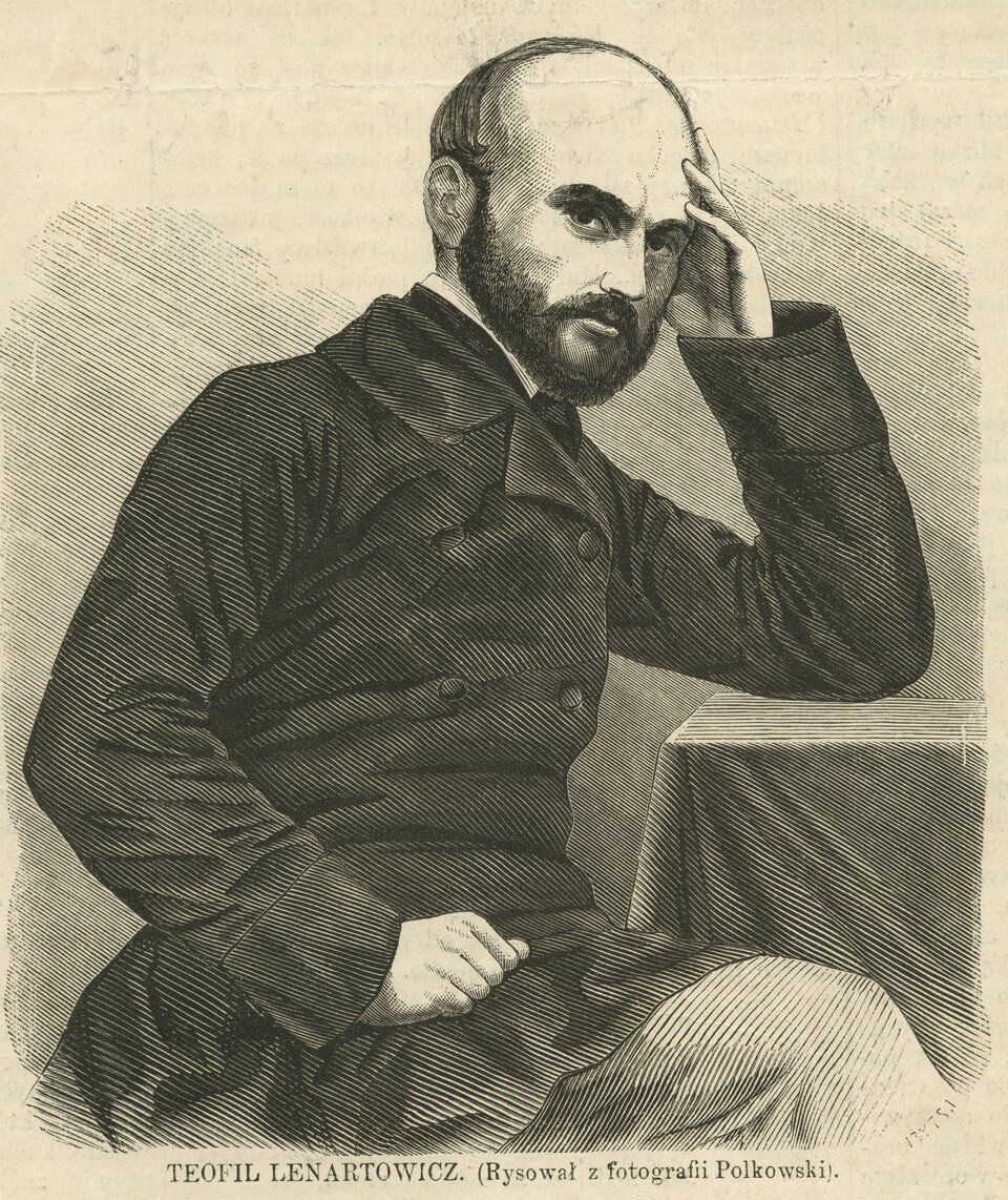 Szkic przedstawia siedzącego przy stoliku, młodego mężczyznę. Mężczyzna ma owalną twarz, wysokie czoło, głęboko osadzone oczy. Ma krótką brodę i wąsy oraz proste, przylegające do głowy włosy. Ubrany jest w garnitur, koszulę. Mężczyzna opiera głowę na lewej dłoni.