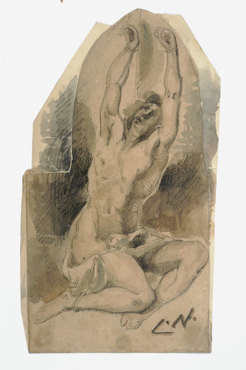 Obraz prezentuje mężczyznę przykutego do ściany. Mężczyzna ubrany jest jedynie w przepaskę. Jego ciało jest muskularne. Ręce mężczyzny są uniesione.