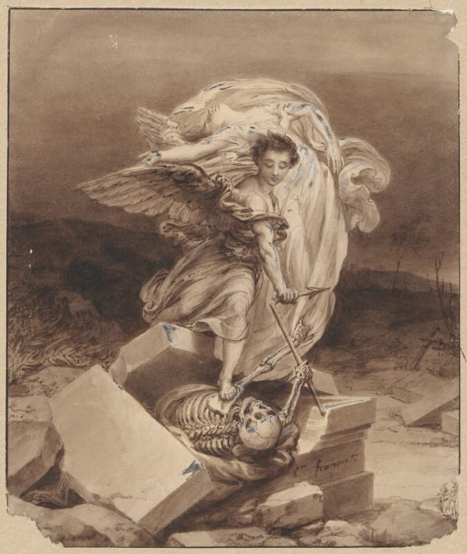Czarno‑biała ilustracja przedstawia anioła walczącego z wychodzącym z grobu kościotrupem. Anioł, młody mężczyna ze skrzydłami, stoi na piersiach kościotrupa, trzymając w ręku łamiącą się strzałę. Kościotrup leży na plecach i trzyma prawą ręką za drugi koniec strzały. Lewą próbuje złapać, leżącą na ramieniu anioła, nieprzytomną kobietę. Kobieta leży bezwładnie, jest ubrana w długą, białą szatę. W tle ruiny cmentarza i ponure niebo.