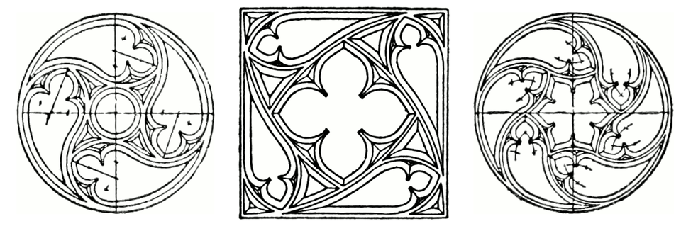 Ilustracja przedstawia trzy motywy architektoniczne, dwa z nich są na bazie okręgu a jeden jest kwadratem. We wszystkich tych motywach można wyznaczyć osie symetrii.