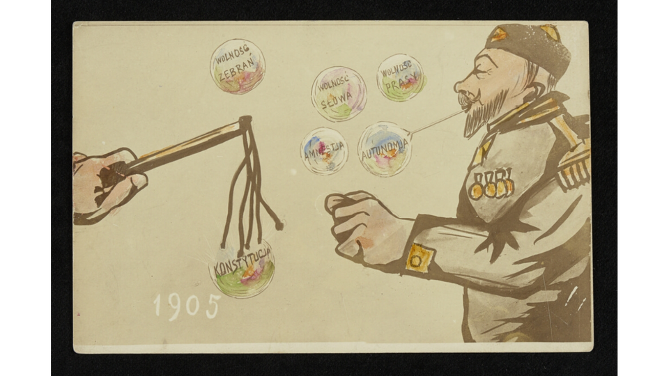 Ilustracja przedstawia mężczyznę w mundurze, który wydmuchuje kółka. Przypominają bańki mydlane. Na kółkach są napisy: wolność zebrań, autonomia, wolność prasy, wolność słowa, amnestia, konstytucja. Po lewej stronie rysunku jest dłoń trzymająca bicz - bicz uderza w bańkę z napisem: konstytucja. Na rysunku jest data: 1905. 