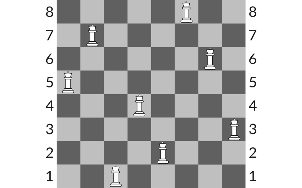 Ilustracja przedstawia szachownicę z hetmanami ustawionymi na polach: a5, b7, c1, d4, e2, f8, g6, h3. Poziom pól szachownicy oznaczony jest literami od a do h, a pion od 1 do 8.