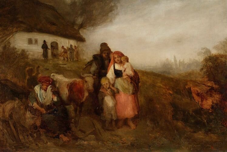 Obraz przedstawia chłopską rodzinę z dziećmi. Odchodzą oni od domu, przy którym znajdują się ludzie. Prowadzą ze sobą krowę. Mają niewielkie tobołki z rzeczami. Na pierwszym planie znajduje się kobieta w czerwonej spódnicy i chuście na głowie, która trzyma na rękach małe dziecko, a drugie, stojące przy niej, obejmuje ramieniem. Obok kobiety stoi mężczyzna, lekko pochylony w ich stronę. Z lewej strony, przy krowie, siedzi inna kobieta, która prawdopodobnie płacze. W tle, po lewej stronie, widoczny jest biały, kryty strzechą dom, przed którym stoi grupa ludzi. Przestrzeń wokół spowita jest dymem.







