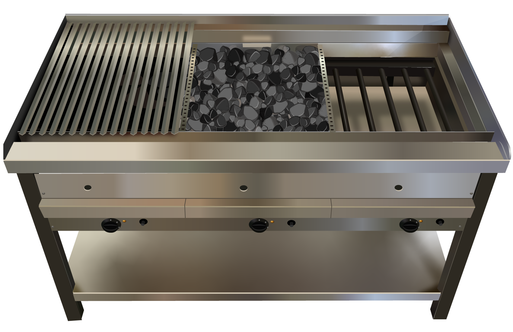 Ruszt na lawie – ciepło z grzałek elektrycznych lub palników gazowych ogrzewa odłamki lawy wulkanicznej. Półprodukt  jest umieszczany na prętach, a rozgrzane kamienie wydzielają promienie podczerwone, które je ogrzewają. Wytapiający się tłuszcz spada na odłamki lawy wulkanicznej opada, co skutkuje rozbłyskami i dymieniem, dzięki czemu potrawy przyrządzane w ten sposób zyskują charakterystyczny smak i wygląd.