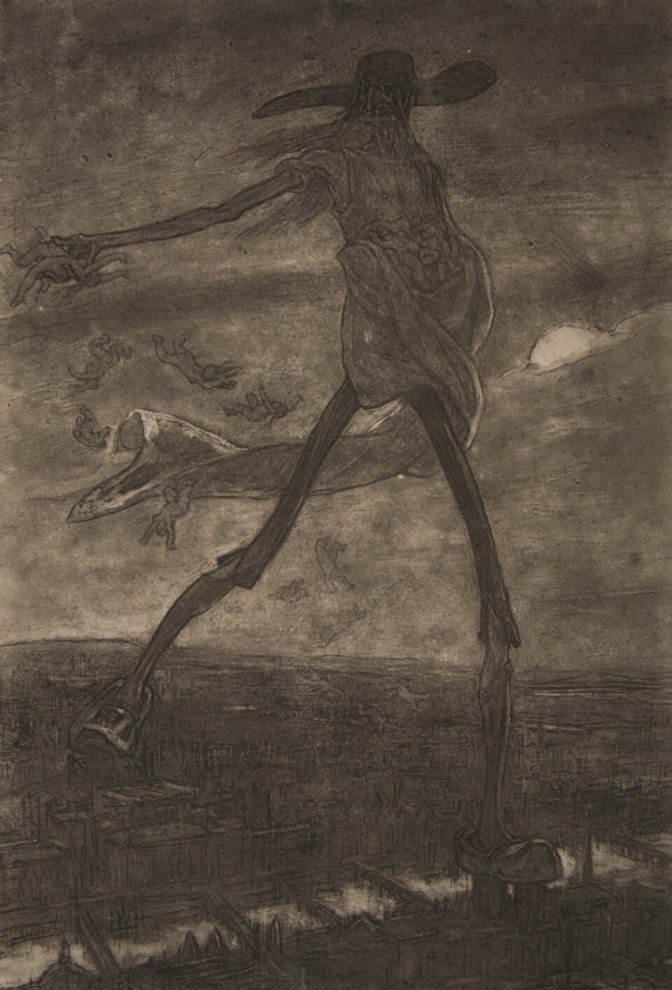 Ilustracja przedstawia ogromną, kościstą postać idącą przez pole uprawne. Jest to mężczyzna w trudnym do określenia wieku. Jego twarz jest szczupła i podłużna. Ma duże oczy, haczykowaty nos i zarost na twarzy. Jego proste, długie włosy powiewają na wietrze. Głowę postaci okrywa kapelusz z szerokim rondem. Mężczyzna jest ubrany w prostą szatę, której końce również powiewają na wietrze, i w wąskie, krótkie spodnie. Na stopach ma drewniaki. Ma on długie, chude kończyny. Lewą ręką przytrzymuje kawałek szaty, na którym leżą małe, nagie postaci. Prawą rękę wyciąga przed siebie, trzymając w dłoni postaci. Mężczyzna „zasiewa” pole. W tle ukazane jest częściowo zachmurzone niebo.