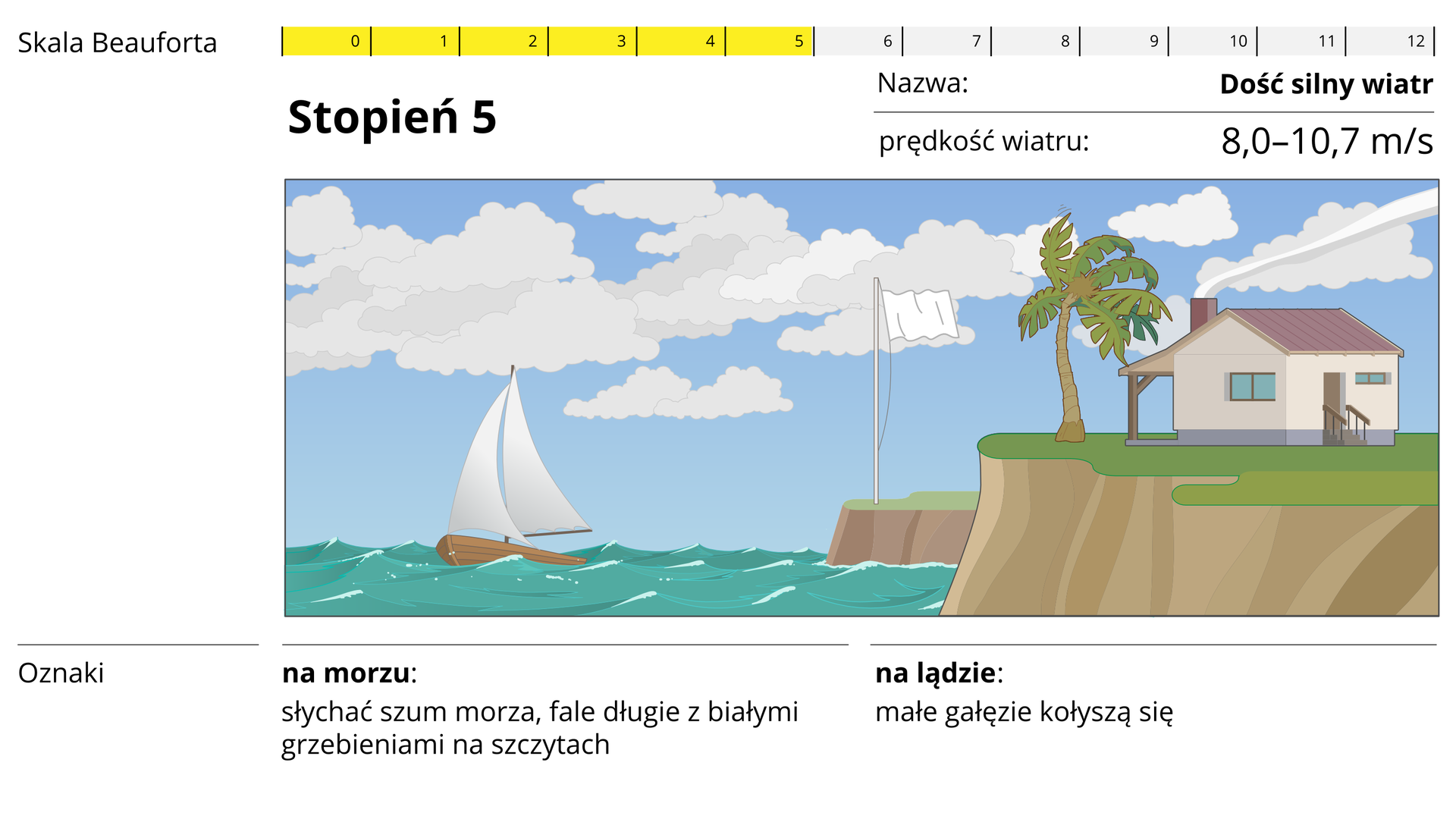 W górnej części zdjęcia przedstawiona jest dwunasto‑stopniowa skala Beauforta z wyszczególnionym piątym stopniem, który oznacza dość silny wiatr oraz prędkość wiatru: 8,0‑10,7 metra na sekundę. W środkowej części, widoczna jest grafika niebieskiego morza, na którym widnieją drobne fale oraz mała, drewniana łódka z dużym, białym żaglem. Po prawej stronie widnieje przedstawienie klifu, na którym, na zielonej trawie stoi biała flaga na pałąku, palma z brązowym pniem i zieloną koroną oraz żółty, prostokątny dom z czerwonym dachem. Na spodzie widnieje tekst: oznaki- na morzu: słychać szum morza, fale długie z białymi grzbietami na szczytach. Na lądzie: małe gałęzie kołyszą się.