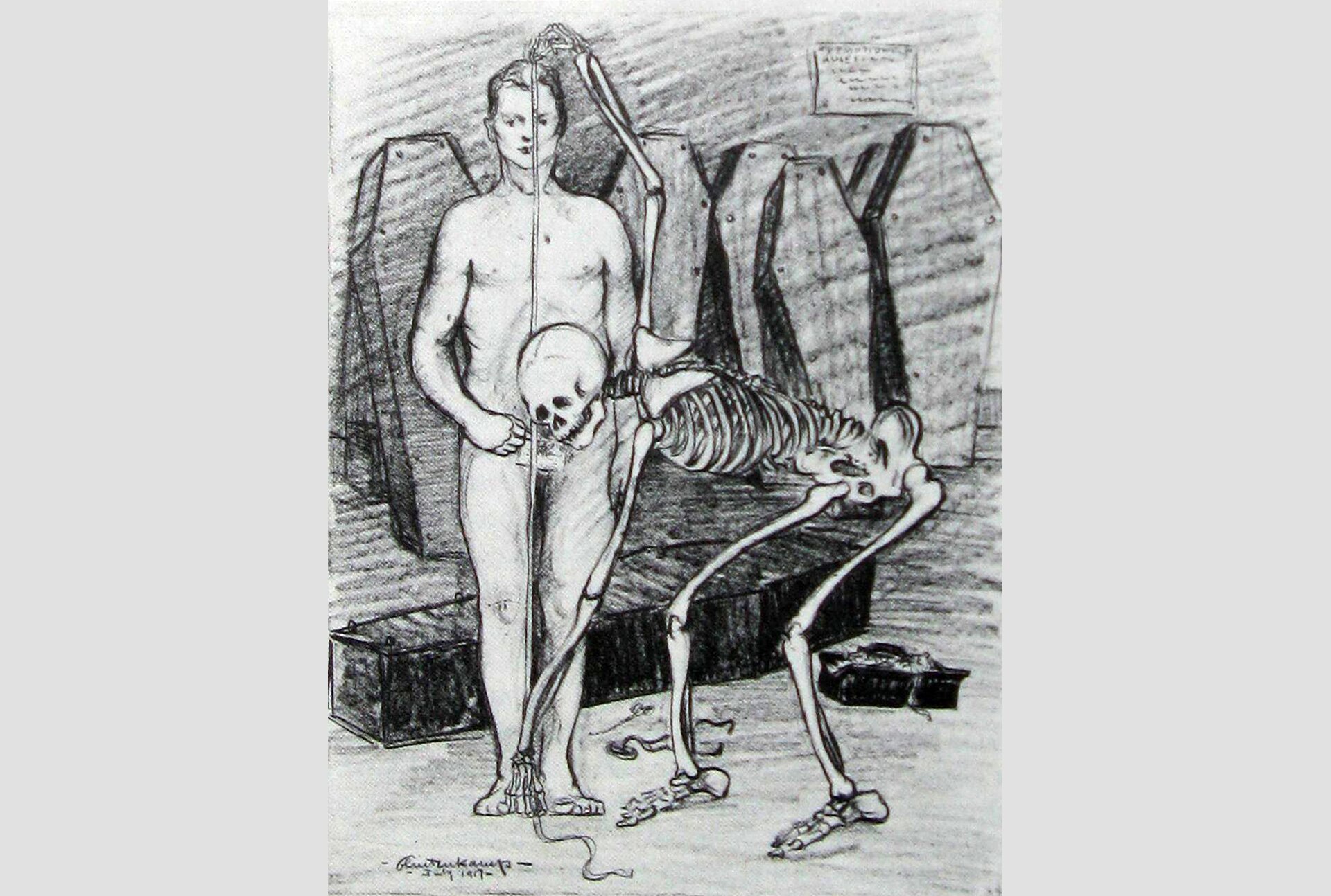 Ilustracja czarno-biała przedstawia szkielet, który bierze miarę z człowieka, aby zbudować mu trumnę. Szkielet przykłada do sylwetki stojącego, nagiego mężczyzny centymetr. W tle widać drewniane trumny. 