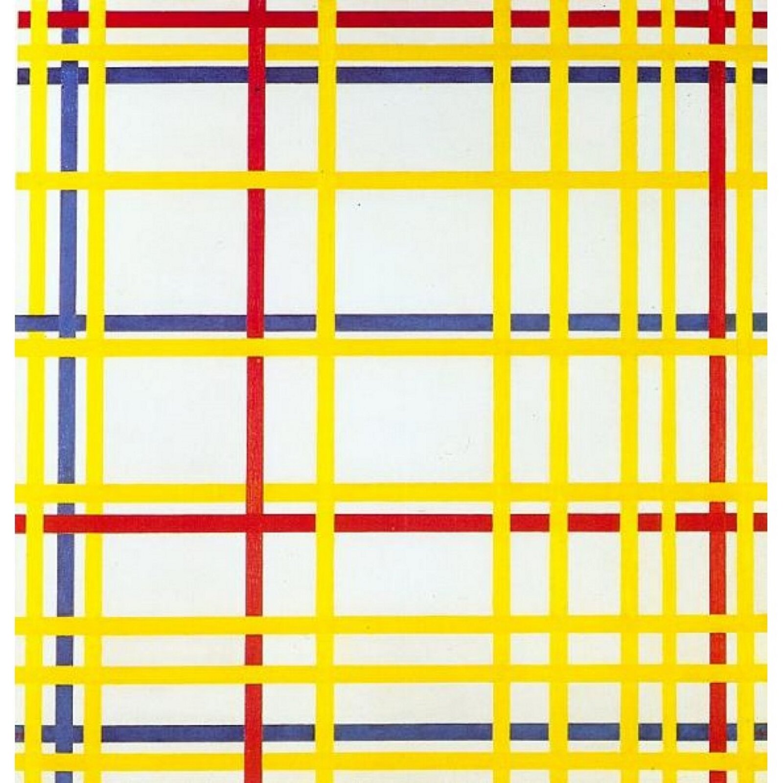 Ilustracja przedstawia obraz Pieta Mondriana „New York City I”. Ukazuje nałożone na siebie siatki, sporządzone z przecinających się pionowych i poziomych linii w kolorach: żółtym, czerwonym i niebieskim.