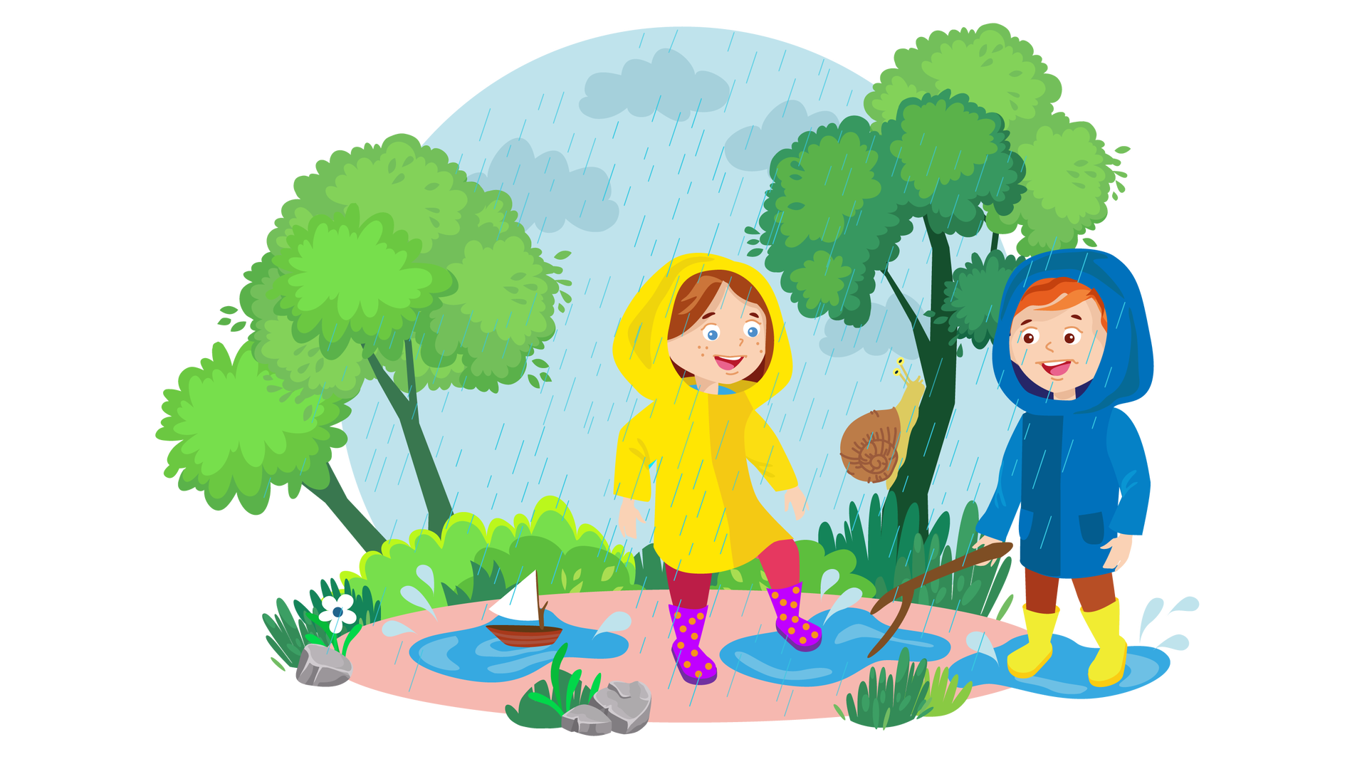 Ilustracja przedstawia szeroką ścieżkę. W tle widać niebo z szarymi chmurami i padający z nich deszcz. Dookoła są niskie krzewy i kępki wysokiej trawy. Po lewej i prawej stronie rosną pojedyncze drzewa liściaste. Po drzewie, znajdującym się po prawej stronie, wspina się duży ślimak. Gdzieniegdzie leżą pojedyncze szare kamienie. Po lewej stronie ścieżki rośnie mały biały kwiatek. Na ścieżce są trzy kałuże. W jednej z nich pływa mała brązowa łódka z białym żaglem, w drugą wskakuje Maja, a w trzeciej stoi Franek. Maja jest ubrana w żółtą kurtkę przeciwdeszczową, której kaptur ma naciągnięty na głowę, długie ciemnoróżowe spodnie i fioletowe kalosze w pomarańczowe kropki. Franek jest ubrany w granatową kurtkę przeciwdeszczową, której kaptur ma naciągnięty na głowę, długie brązowe spodnie i żółte kalosze. W prawej ręce trzyma długi brązowy kij. Dzieci szeroko się uśmiechają.