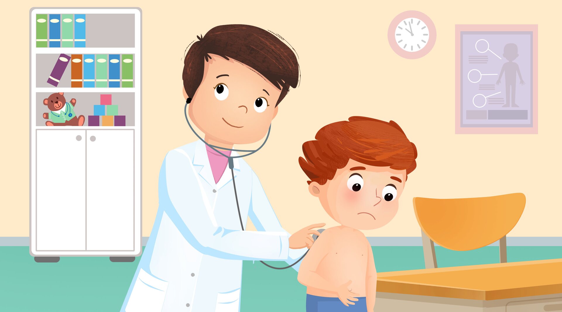 Na ilustracji znajduje się lekarka, która bada stetoskopem dziecko.