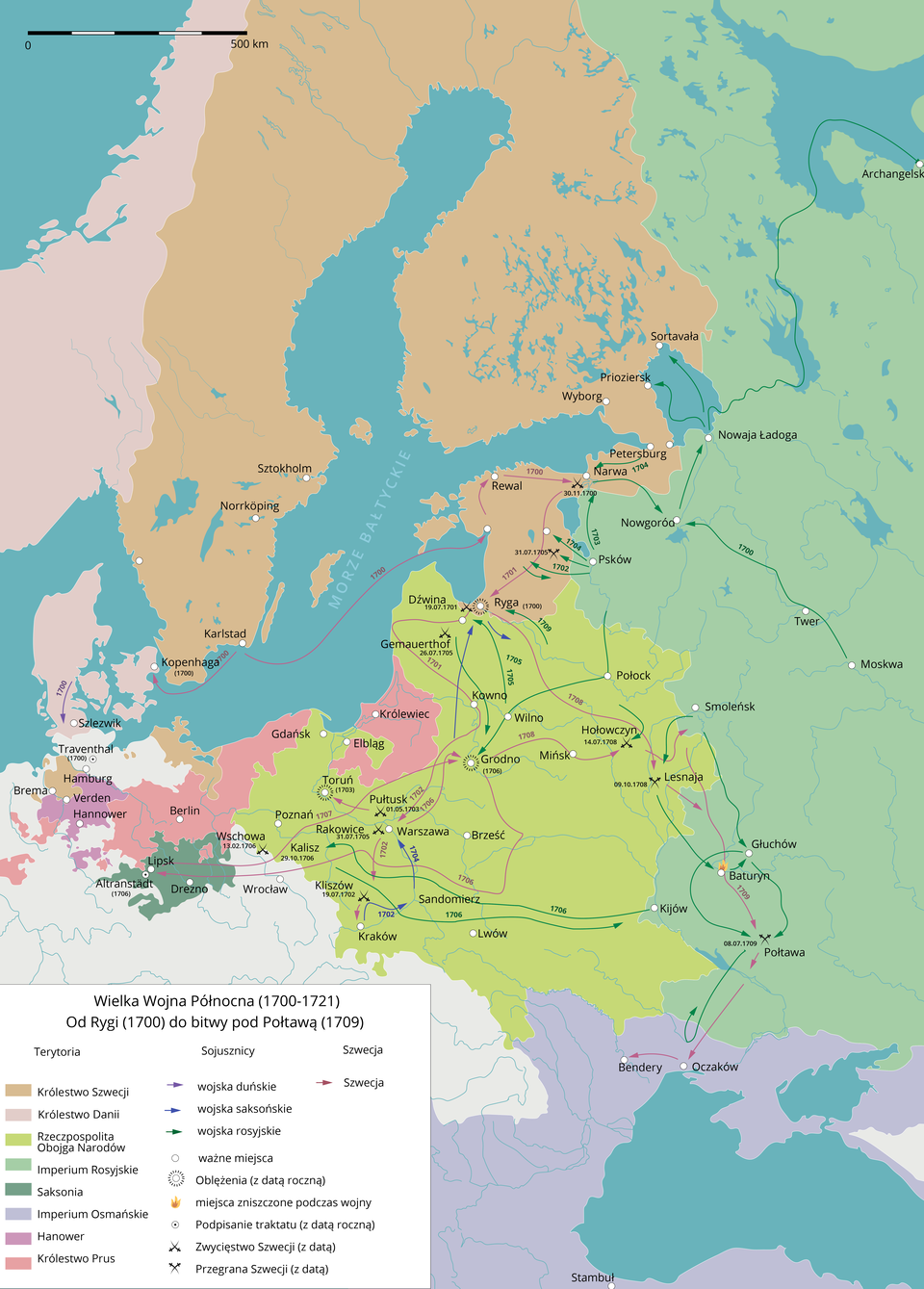Mapa prezentująca Wielką Wojnę Północną (1700‑1721). Od Rygi (1770) po bitwy pod Połtawą (1709).  Na mapie Europy oznaczono terytoria: Królestwo Szwecji, Królestwo Danii, Rzeczpospolitą Obojga Narodów, Imperium Rosyjskie, Saksonię, Imperium osmańskie, Hanower, Królestwo Prus. Na mapie oznaczono sojuszników: Wojska duńskie, Wojska saksońskie, Wojska rosyjskie dalej oznaczono ważne miejsca, oblężenia, miejsca zniszczony podczas wojny, podpisanie traktatu, zwycięstwo Szwecji oraz przegraną Szwecji.  Do Królestwa Szwecji należały następujące miasta: Kopenhaga, Karlstadt, Sztokholm, Norrkoping, Rewal, Ryga, Narwa, Petersburg, Wyborg, Priozersk, Sortavała oraz cześć ziem na terenach północnych Niemiec i Belgii.   Do królestwa Danii należał półwysep Duński z miastem Szlezwik.  Do Rzeczpospolitej Obojga Narodów należały ziemie z miastami: Elbląg, Gdańsk, Toruń, Poznań, Kalisz, Rakowice, Pułtusk, Warszawa, Kraków, Sandomierz, Lwów, Brześć, Grodno, Mińsk, Wilno, Kowno, Dźwiną, Gemauerthof, Hołowczyn, Połock, Lesnaja.  Do Imperium Rosyjskiego należały takie miasta jak: Nowaja Ładoga, Nowogród, Psków, Moskwa, Smoleńsk, Głuchów, Kijów, Baturyn, Połtawa, Twer.  Do Saksonii należały Lipsk, Drezno, Altranstadt.  Do imperium Osmańskiego należały: Bendery, Oczaków, Stambuł. Do Hanoweru należały: Hamburg, Verden i Hannover.  Do Królestwa Prus: berlin, Królewiec.  Wojska saksońskie brały udział w bitwie pod Sandomierza w 1702 r., pod Warszawą w 1704 r. a także w 1705 r. w okolicach Rygi. Wojska  duńskie brały udział w bitwach pod Szlezwikiem w 1700 r. Wojska rosyjskie brały udział w bitwach pod Nowogrodem w 1700 r., pod Petersburgiem w 1704 r., pod Pskowem w 1702, 1703 i 1704 r., atakując królestwo Szwecji. Dalej w 1705 i 1709 roku pod Rygą, w 1705 pod Kownem i Wilnem, Płockiem i Grodnem. W 1706 pod Kijowem i Kaliszem. Na mapie oznaczono jeszcze bity wojsk rosyjskich pod Głuchowem, Baturynem i Połtawą znajdującymi się na terenach Imperium Rosyjskiego. Wojska szwedzkie brały udział w bitwie pod Karlstadt, Kopenhaga 1700 roku. Dalej pod Rewal i Narwą również w 1700 roku. W 1708 pod Hołowczynem. W 1701 pod Rygą. W 1702 pod Pułtuskiem, dalej pod Krakowem. W 1706 pod Altranstadt. W 1707 pod Grodnem. Dalej pod Smoleńskiem, Lesnają Baturynem w 1709 i stamtąd pod Oczakowem i Benderami.  Zwycięstwa Wojska szwedzkiego miały miejsce pod Narwą 30 listopada 1700 roku. Pod Rygą. Pod Gemauerthof 26 lipca 1705 roku. Pod Dźwiną 19 lipca 1701 roku. Pod Pułtuskiem 1 maja 1703 roku. Pod Rakowicami 31 lipca 1705 roku. Pod Kliszowem 19 października 1706 roku. Przegrane bitwy miały miejsce pod Pskowem 31 lipca 1705 roku. Lesnają 9 października 1708 roku. Pod Połtawą 8 lipca 1709 roku.      