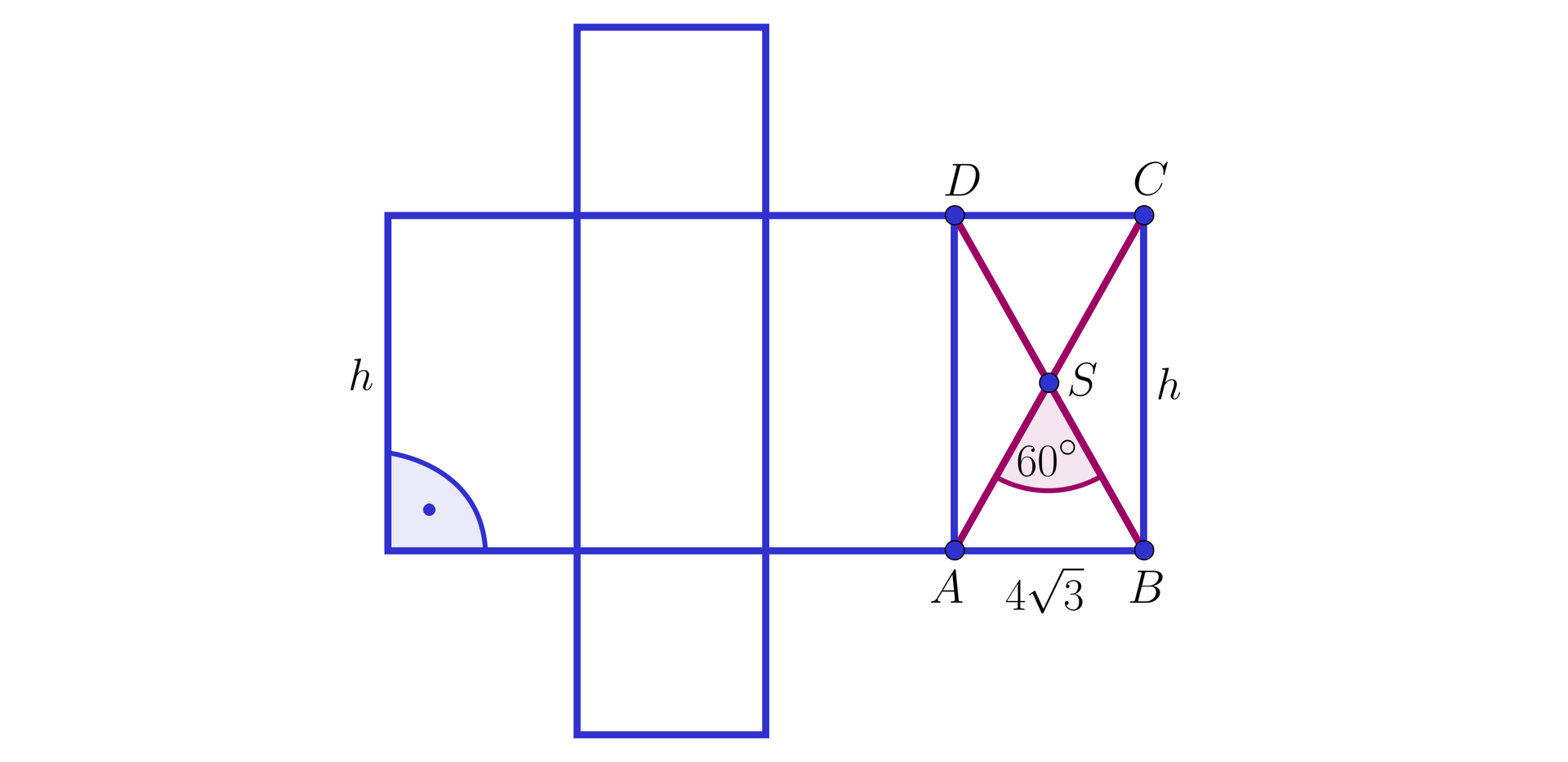 Grafika przedstawia siatkę graniastosłupa prawidłowego czworokątnego o podstawie kwadratu o boku a i wysokości h. Siatka przedstawiona jest w taki sposób że cztery prostokąty o podstawie a i wysokości h ułożone są przylegająco wysokościami . W ostatnim prostokącie oznaczono przekątne przecinające się pod kątem równym 60° . Podstawa prostokątna ma długość 43. Powyżej oraz poniżej do drugiego prostokąta przylegają kwadraty. Ostatni prostokąt oznaczono jako ABCD z punktem przecięcia się przekątnych S.