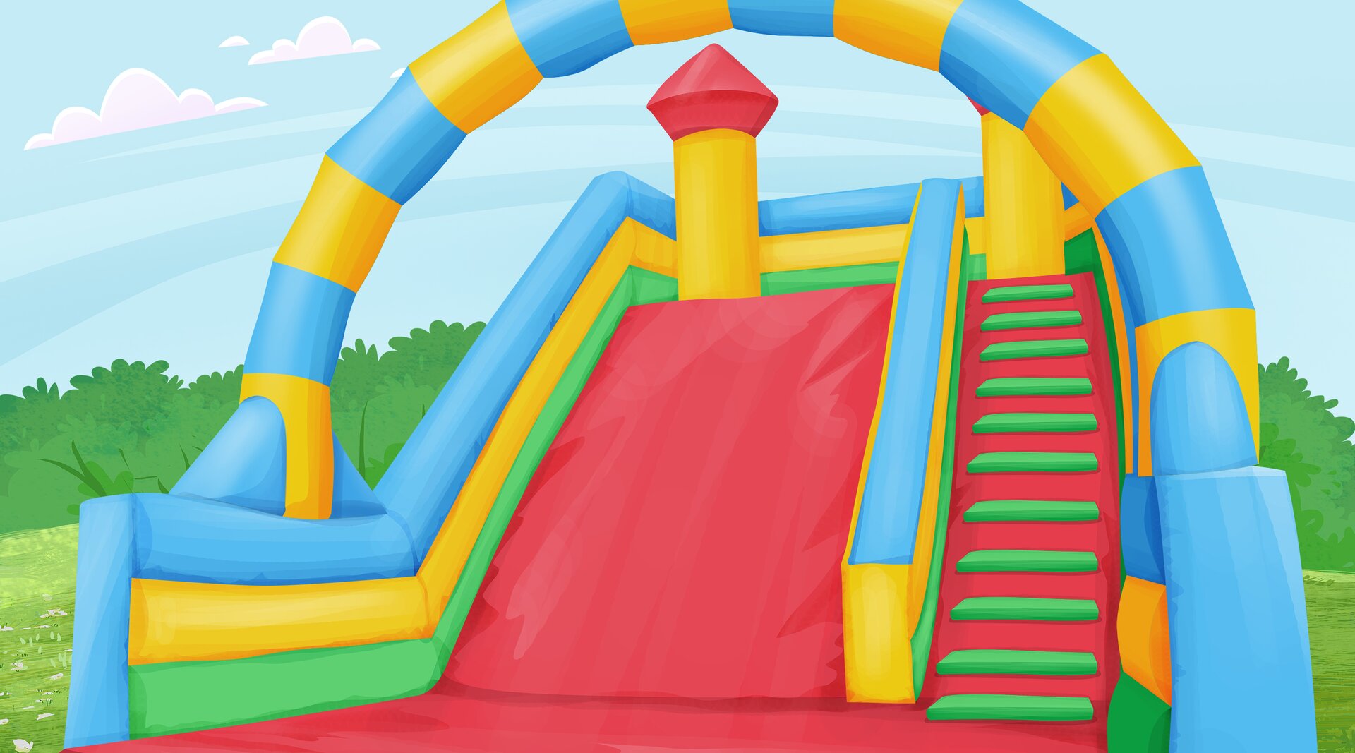 Ilustracja przedstawia dmuchany zamek ze zjeżdżalnią.