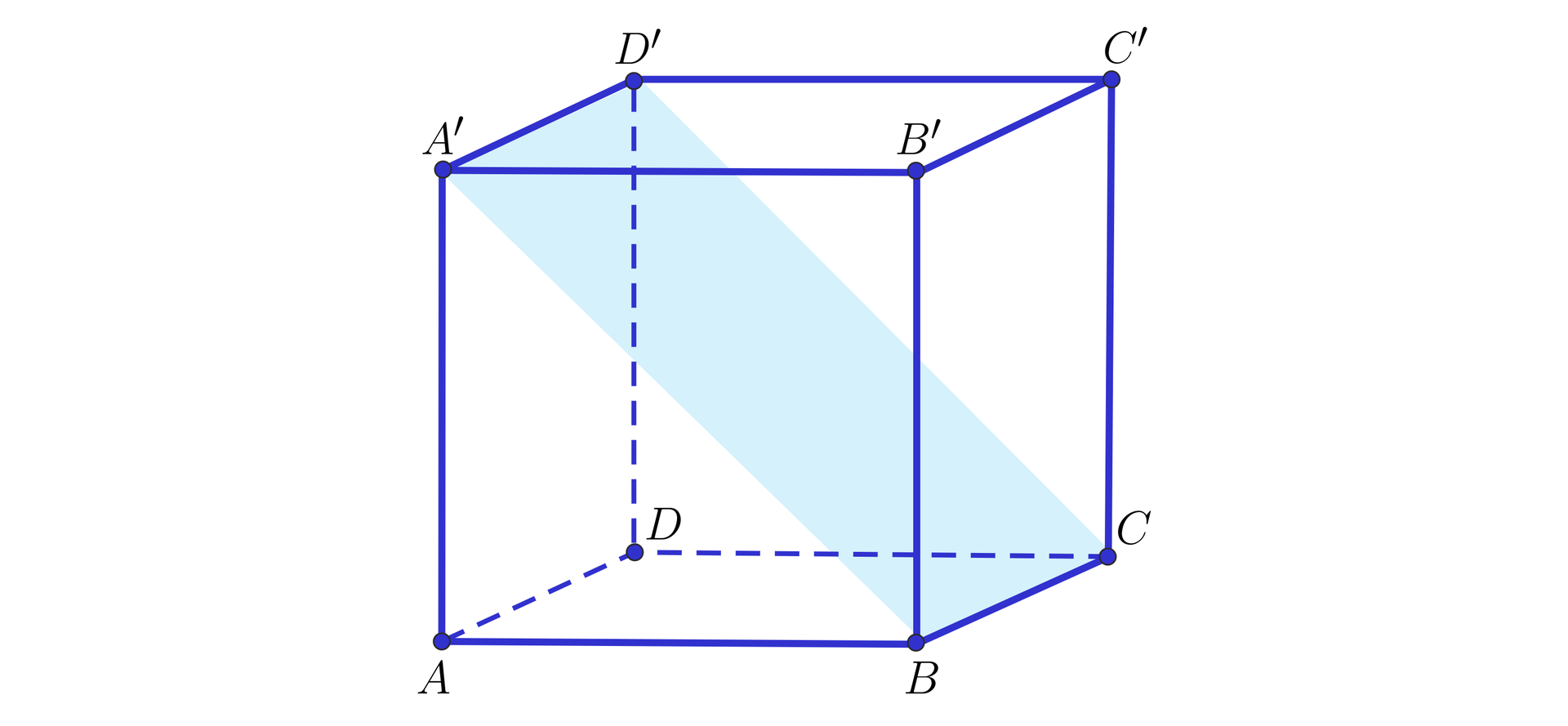 Grafika przedstawia sześcian, którego wierzchołki dolnej podstawy opisano A, B, C, D  a wierzchołki górnej podstawy opisano: A', B', C', D', <mi. Wierzchołki B, C, A' oraz D' tworzą płaszczyznę, której krawędzie to przekątne ścian bocznych oraz krawędzie dolnej i górnej podstawy.