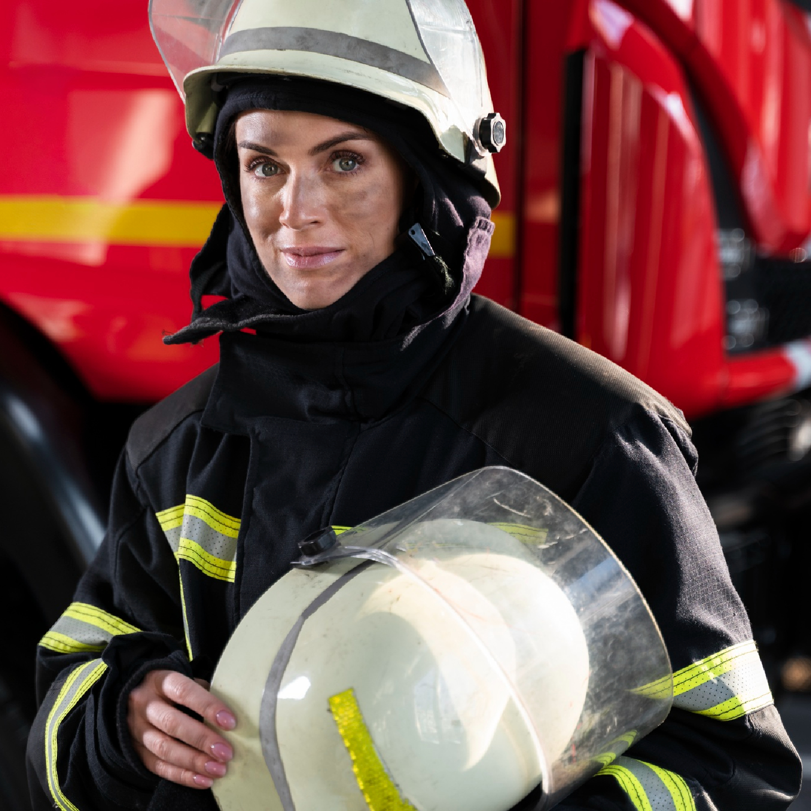 Ilustracja przedstawia strażaczkę, w czarnym ubraniu specjalnym, z elementami odblaskowymi. Na głowie nosi biały hełm, z podniesioną przyłbicą. Jej twarz jest zabrudzona czarną sadzą. W dłoniach trzyma drugi biały hełm. W tle widoczny jest wóz strażacki.