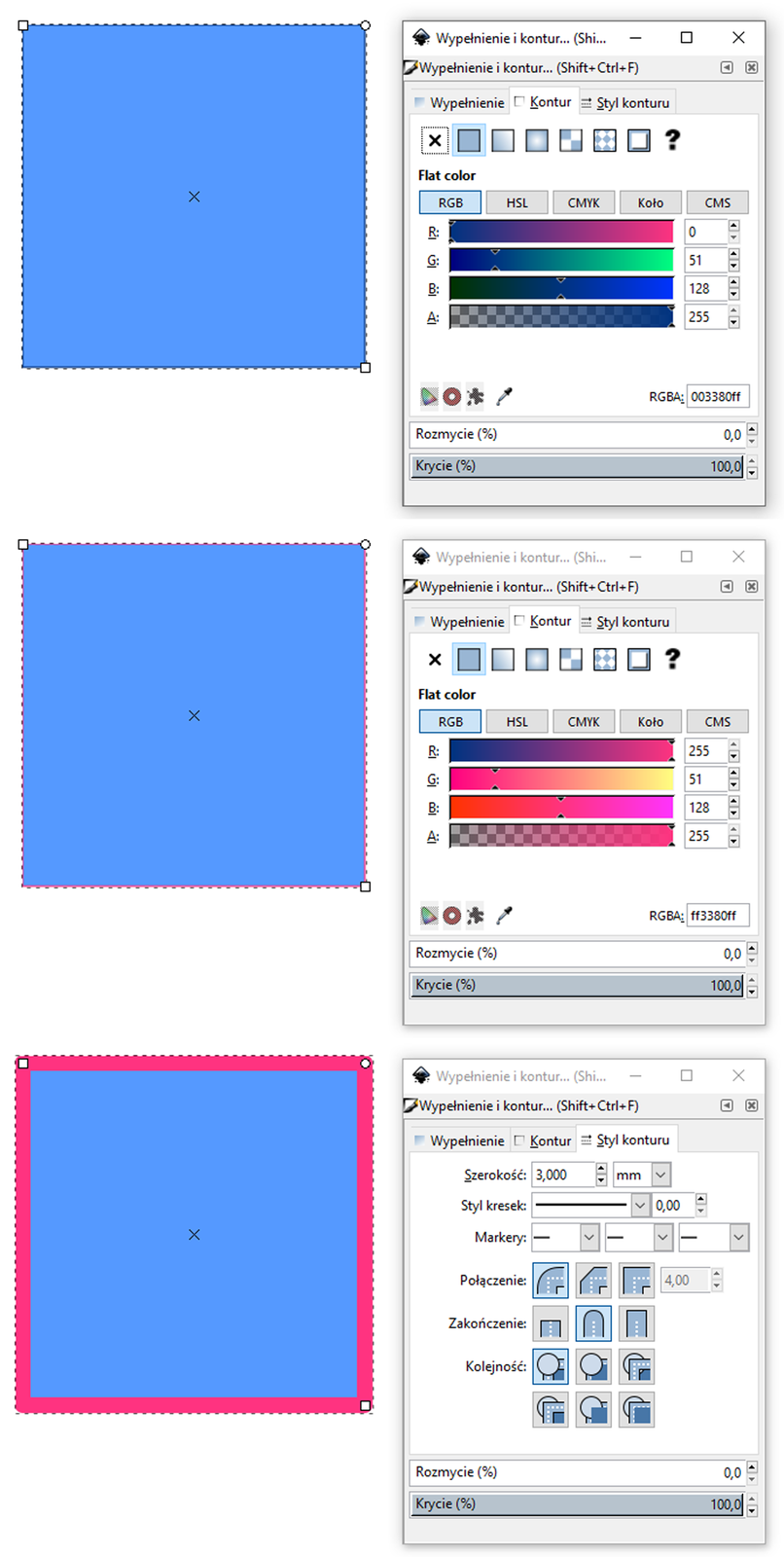 Zrzut ekranu przedstawia proces nadawania konturu. Na ilustracji znajdują się trzy kwadraty wraz z oknami dialogowymi, przedstawiającymi kolejne kroki. Pierwszy kwadrat nie posiada konturu. Obok niego znajduje się okno o nazwie wypełnienie i kontur, w którym w zakładce kontur, zaznaczona jest całkowite wypełnienie, flat kolor zaznaczony został jako R G B, a krycie ustawione zostało na sto procent. Drugi kwadrat posiada cienki kontur w kolorze różowym. W znajdującym się obok niego oknie pokazana została zmiana kolorów głównych na odcienie różowego. Trzeci kwadrat posiada gruby kontur w kolorze różowym. W znajdującym się obok oknie rozwinięta została zakładka o tytule styl konturu, gdzie ustawić można  szerokość, styl kreski, markery oraz połączenie, zakończenie i kolejność konturu.
