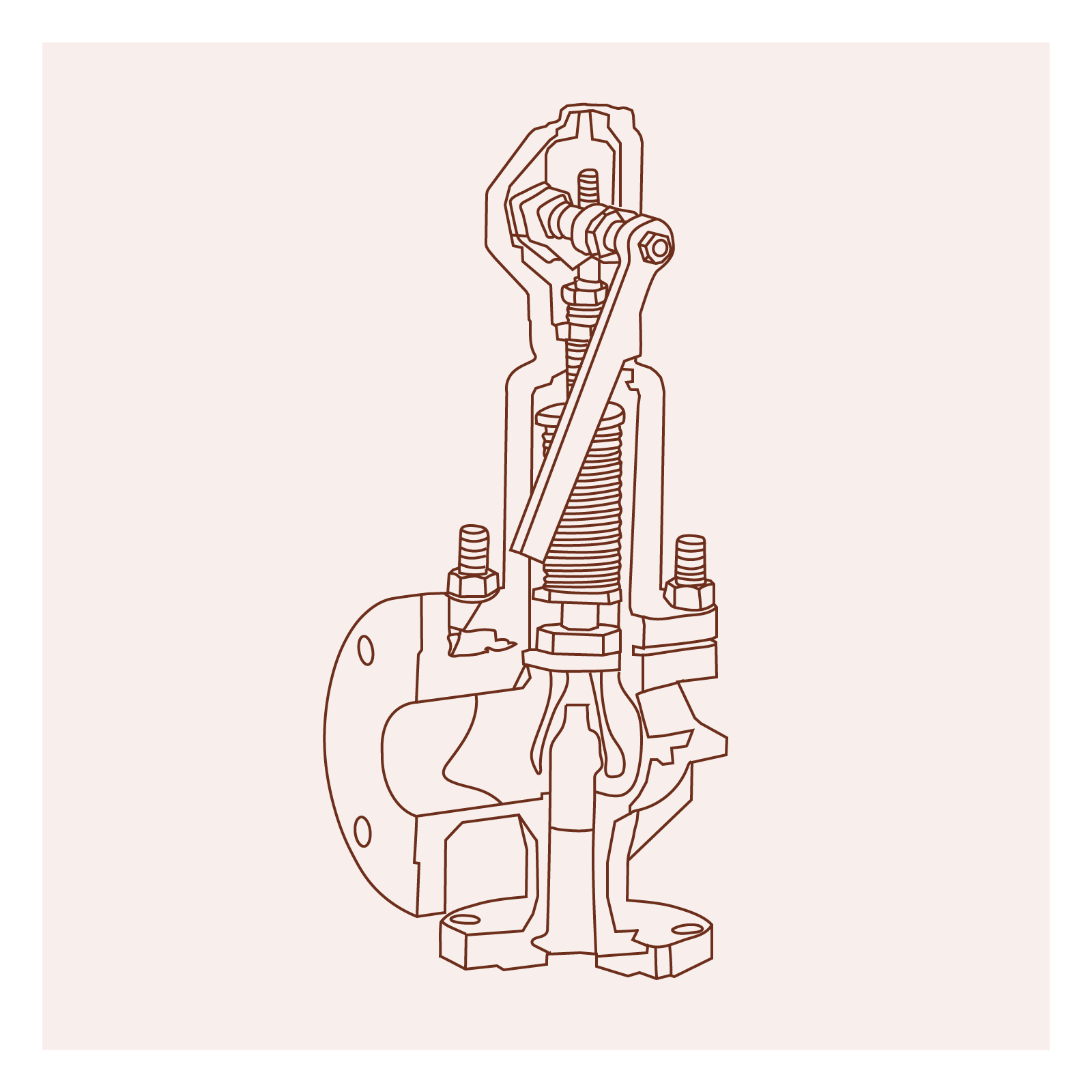 Grafika przedstawia zawór bezpieczeństwa kołnierzowy kątowy z uszczelnieniem twardym. Widoczny jest przedmiot w pionie, którego środkowa część pokazana jest w przekroju. W dolnej części, po lewej stronie, widoczny jest element w kształcie półokręgu, przymocowany śrubami do korpusu zaworu. W środku widoczne są różne śruby i połączenia.
Opisy obiektów prezentowanych na grafikach są załączone w treści atlasu.