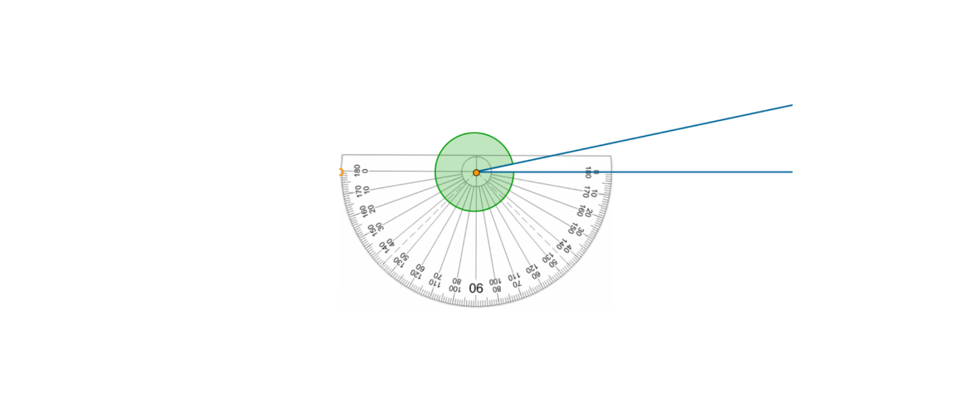 Na rysunku przedstawiony jest kąt oraz kątomierz. Kątomierz przyłożony jest do wierzchołka kąta. Jedno ramię wskazuje 0, drugie ramię wskazuje 170 stopni.