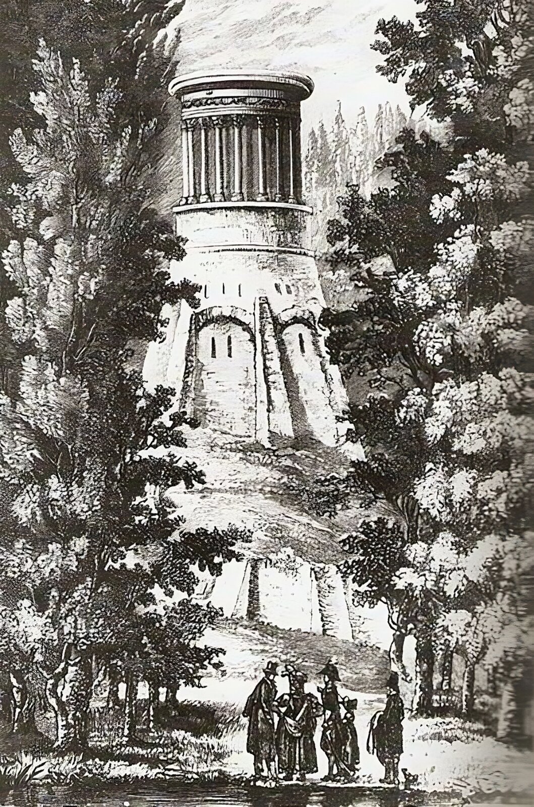 Kliknij, aby powiększyć Ilustracja przedstawia usytuowaną na stromej wiślanej skale rotundę. Do budynku prowadzą szerokie schody. Wokół budynku, w jego górnej części, biegnie ganek, którego dach zbudowany w kształcie kopuły. Dolna część budynku jest wsparta na arkadach. Rycinę uzupełnia obraz przedzierających się do świątyni wśród bujnej, parkowej roślinności grupy wędrowców: kobiet i mężczyzn w strojach z epoki.