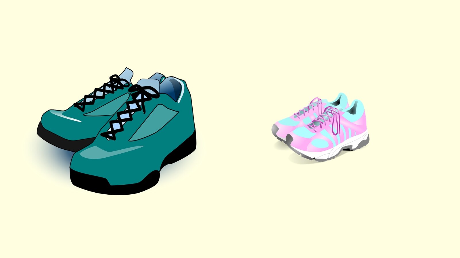 Ilustracja przedstawia dwie pary butów. Buty Taty po lewej stronie, w kolorze zielonym, są większe od butów dziewczynki o imieniu  Sandra  ustawionych po prawej, w kolorze różowo‑seledynowym.