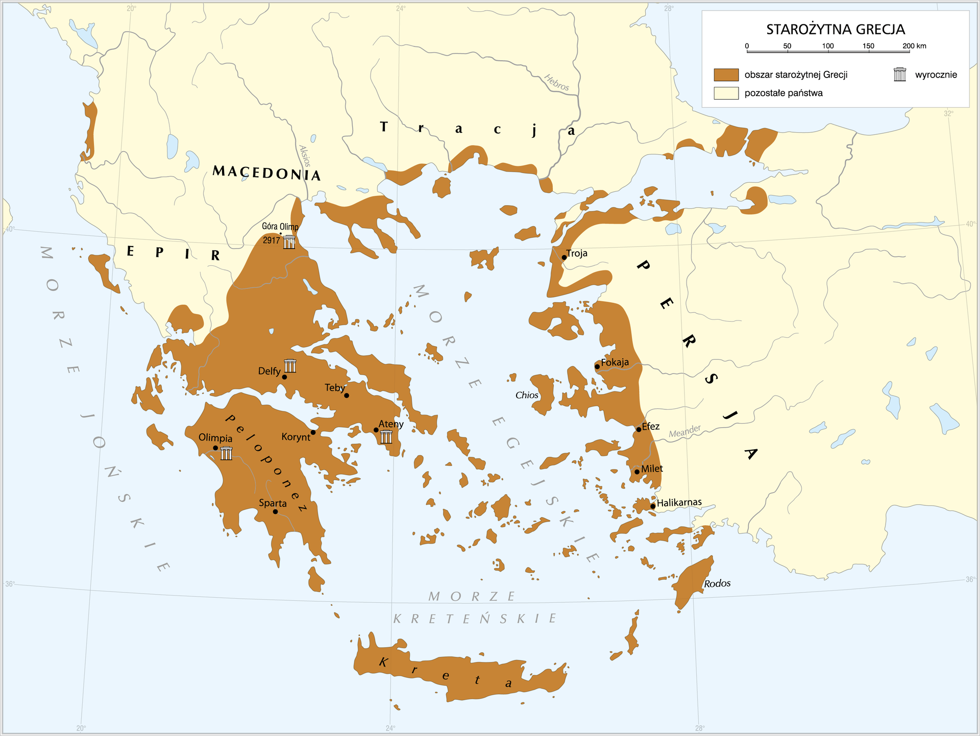 Mapa przedstawia starożytną Grecję. Zajmowała ona obszar wysp Jońskich i Egejskich, Krety, Rodos, Peloponezu i obszaru na północ od niego, wybrzeża Tracji, zachodniego wybrzeża Azji Mniejszej i ternu wokół morza Marmara. Wyrocznie znajdowały się w Olimpii, Atenach, Delfach oraz na górze Olimp. 