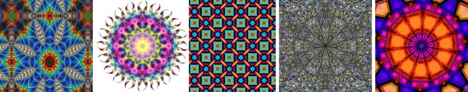 Ilustracja składa się z pięciu poziomo ustawionych obok siebie fotografii kalejdoskopowych. Na każdej z nich znajdują się wielokolorowe, symetryczne, rytmiczne, kompozycje składające się z rytmicznie powtarzających się geometrycznych elementów, niewielkich rozmiarów. Cztery z prezentowanych kompozycji ma układ centralny, wieloosiowy. 