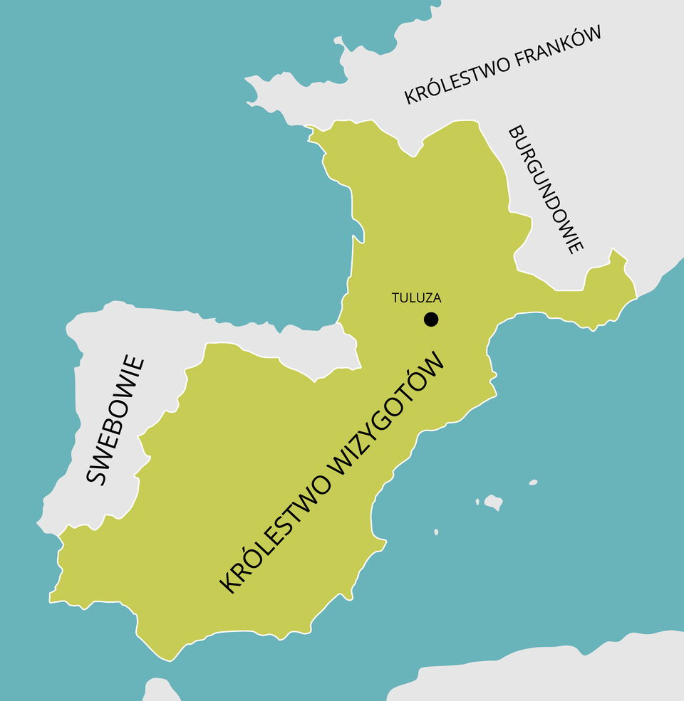 Ilustracja przedstawia fragment mapy z zaznaczonymi państwami: największe Królestwo Wizygotów i miasto w środku Tuluza, po lewej stronie królestwa, Swebowie, po prawej stronie Królestwo Franków, Burgundowie.