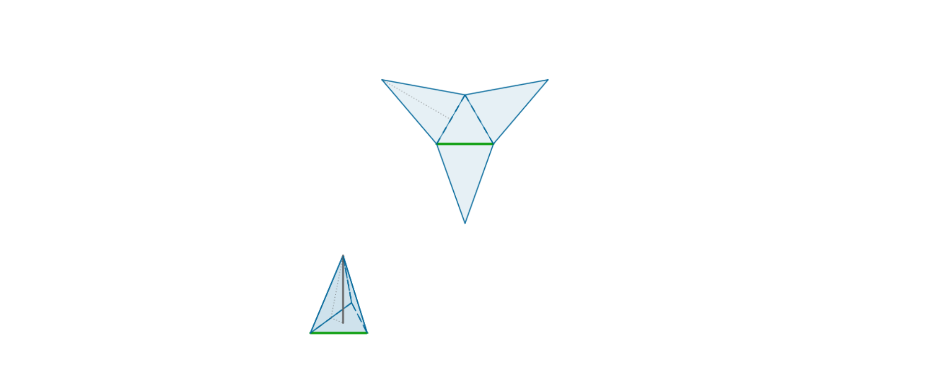 Rysunek przedstawia rzut ostrosłupa prawidłowego trójkątnego. Obok znajduje się siatka bryły składająca się z trzech trójkątów równoramiennych i trójkąta równobocznego.