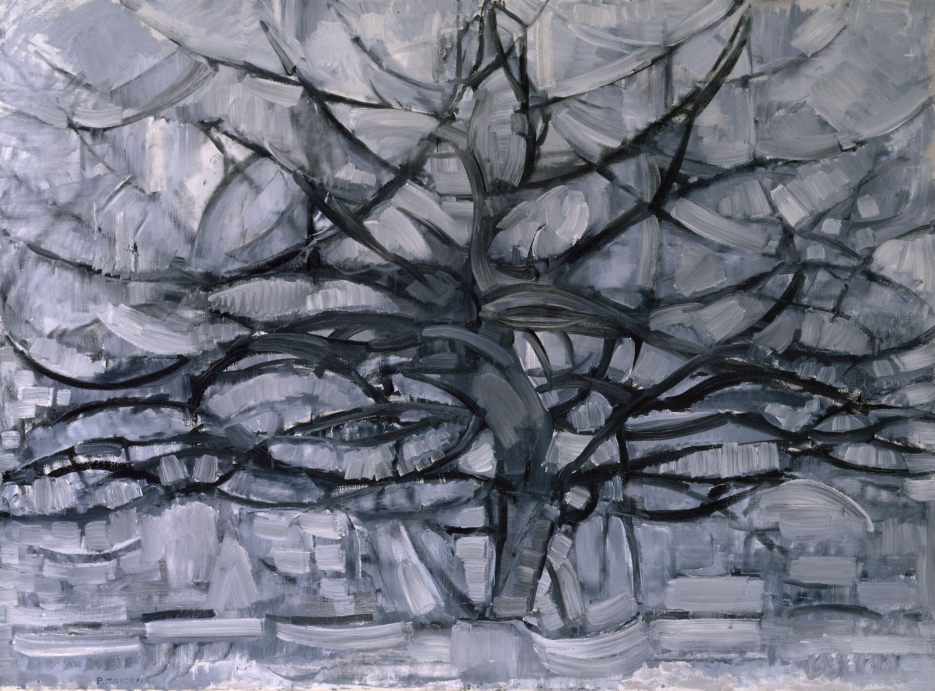 Ilustracja przedstawia obraz Pieta Mondriana pt. „Drzewo szare". Obraz ukazuje drzewo wykonane czarną barwą metodą kresek.