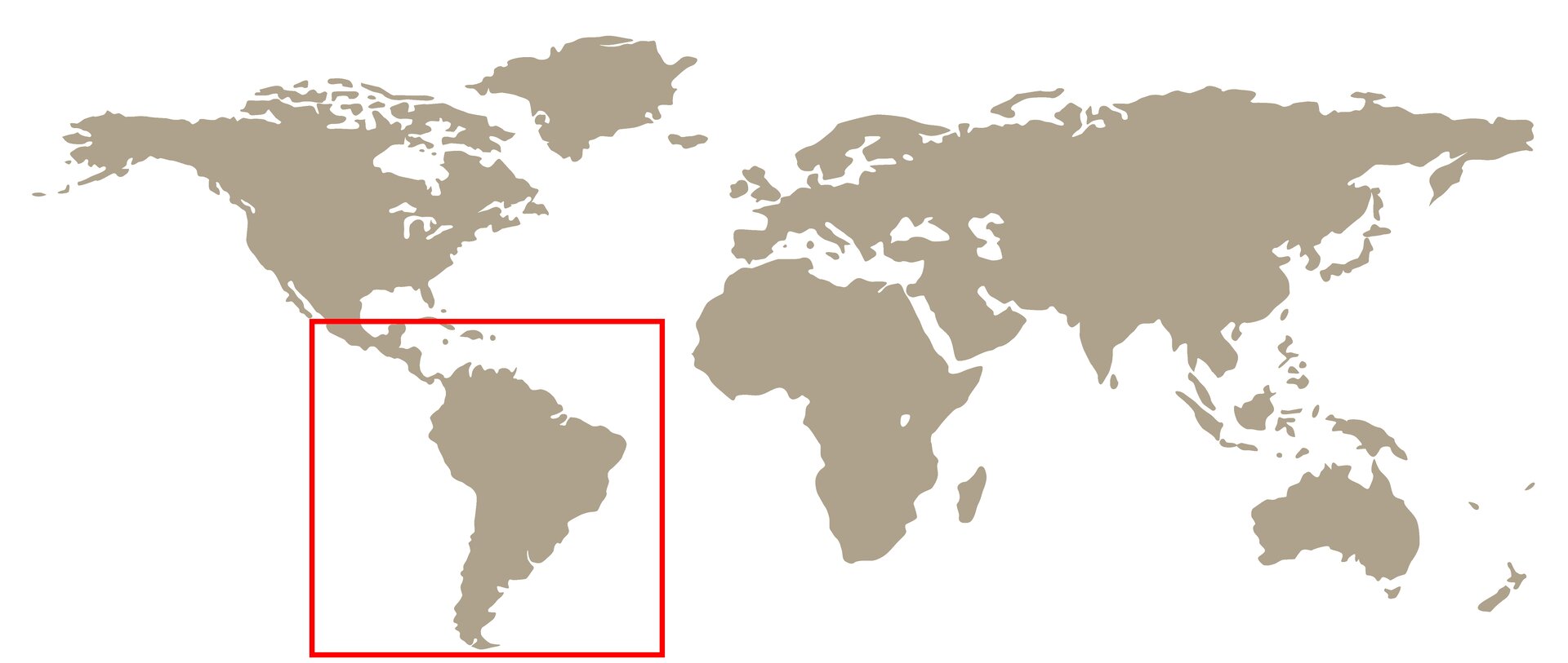 Ilustracja przedstawia białą, prostokątną mapę świata, na której lądy zostały zaznaczone kolorem beżowym. Wody nie zostały oznaczone. Na dole, z lewej strony od środka mapy, czerwoną, kwadratową ramką zaznaczono Amerykę środkową i południową. 