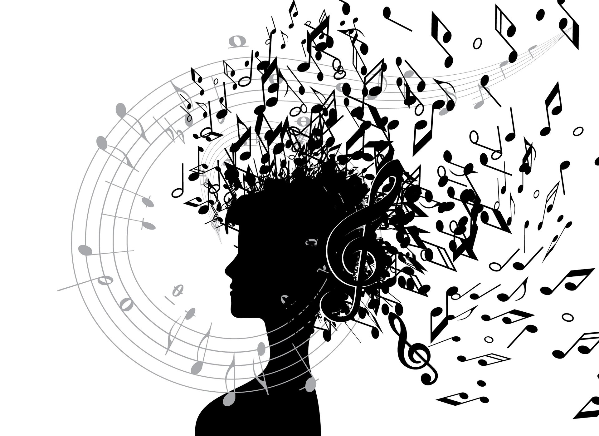 Grafika w stylizowany sposób przedstawia czarny obrys popiersia kobiety widoczny z lewego profilu. Z włosów kobiety wylatują różne nuty, na jej uchu narysowany jest klucz wiolinowy. Od klucza biegnie pięciolinia z nutami, która prowadzi pod brodą kobiety i zakręca nad jej głową biegnąc w tył.