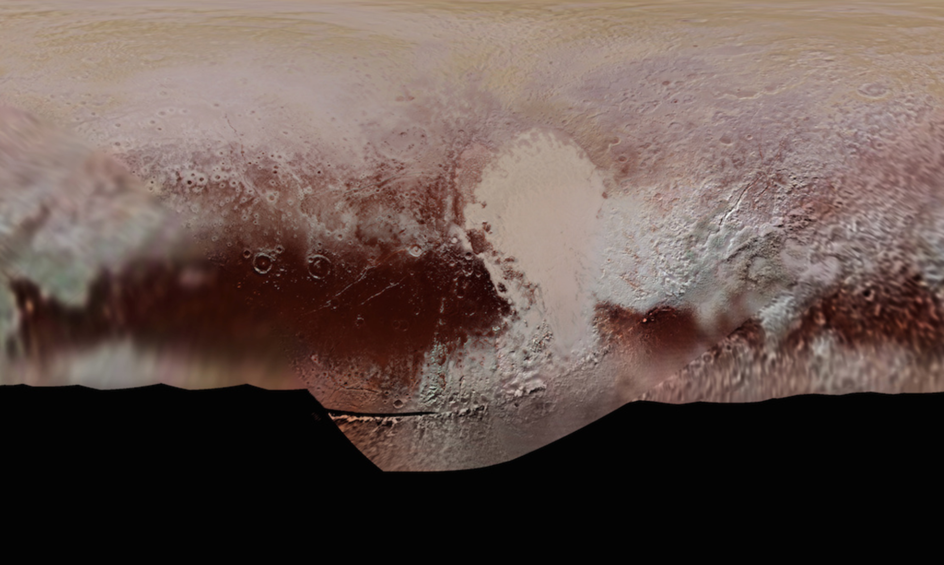 Rys. 10. Zdjęcie poglądowe przedstawia fragment mapy Plutona wykonanej przez sondę New Horizons. Wokół najjaśniejszego obszaru pośrodku (nazwanego Sputnik Planitia) rozciągają się wzniesienia i dwa najbardziej widoczne na Plutonie rowy: Sleipnir Fossae po prawej i Virgil Fossae po lewej. Po lewej stronie prezentowanego zdjęcia widoczny jest obszar pokryty kraterami.