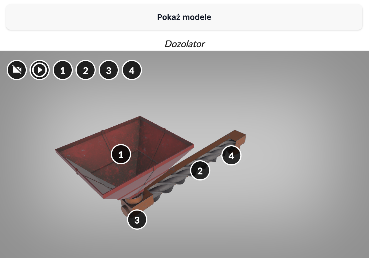 Ilustracja przedstawia jedną z maszyn zamieszczoną w galerii 3D. Widoczne są interaktywne punkty, po kliknięciu których wyświetla się dodatkowa treść. Przedstawiona maszyna to dozolator. Widoczna jest bryła o kształcie prostopadłościanu. Od góry znajduje się stożkowy lej zsypowy. Do leja prowadzi rynna, która w dolnej części wyposażona jest w zagarniak, a w górnej w osłonę. Lej osadzony jest na szynie prowadzącej. Jest to zasypnik.