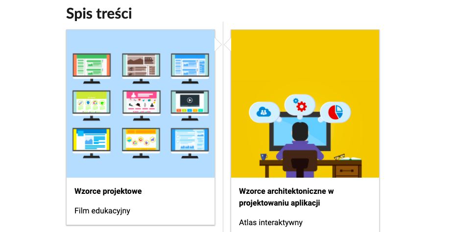 Grafika przedstawia dwa kafelki ze spisu treści. Są umiejscowione obok siebie. Mają kwadratowy kształt. 