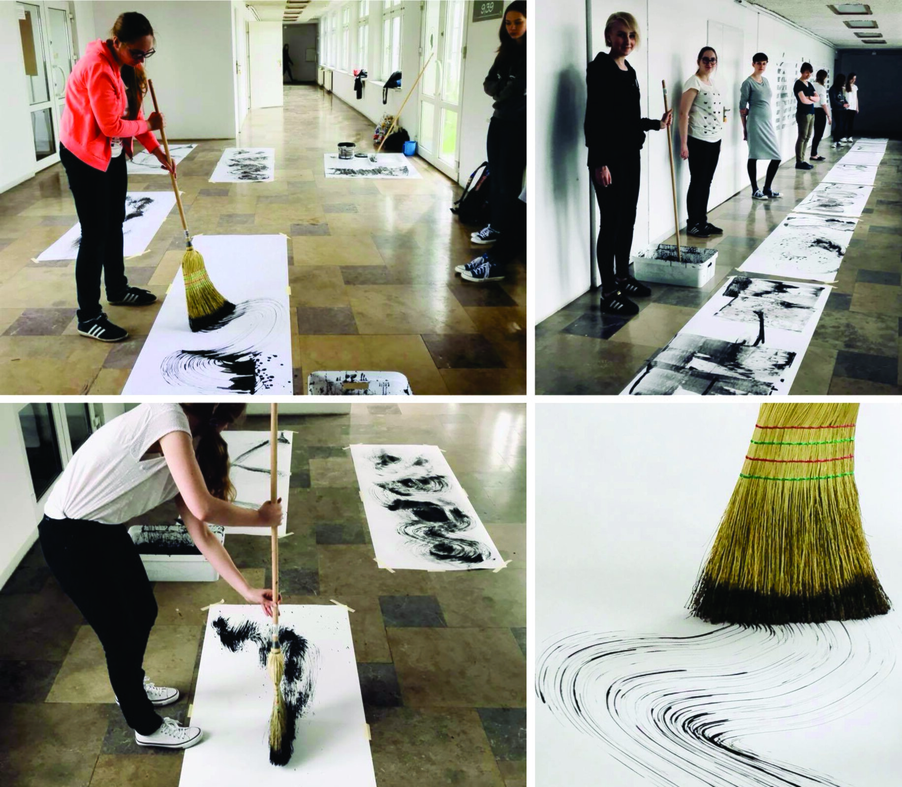 Ilustracja przedstawia cztery zdjęcia ukazujące studentów wykonujących rysunki miotłami na białych arkuszach papieru. Ćwiczenia odbywają się na długim korytarzu, a papier rozciągnięty jest na podłodze. Miotły maczane są w czarnej farbie, a następnie sporządzane są nimi prace. Ostatnia fotografia jest zbliżeniem na ślady pozostawione przez miotłę.