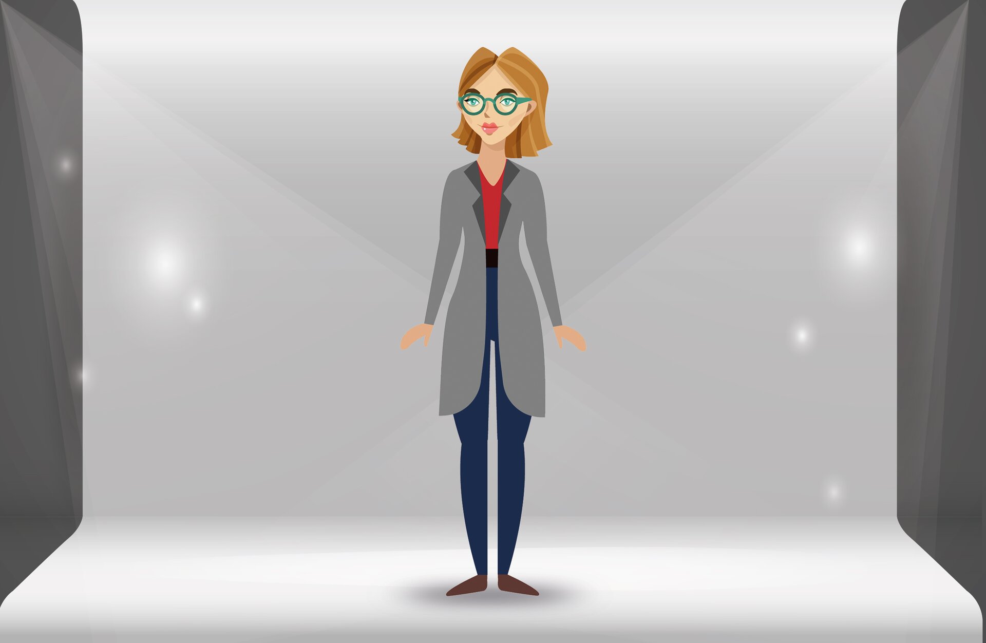 Grafika przedstawia stojącą kobietę, zwróconą lekko w lewo, z rękami opuszczonymi wzdłuż tułowia i dłońmi lekko odgiętymi na zewnątrz. Ubrana jest w niebieskie spodnie, szary żakiet sięgający do uda, czerwoną bluzkę, brązowe buty na płaskim obcasie. Ma brązowe, półdługie włosy i okulary.