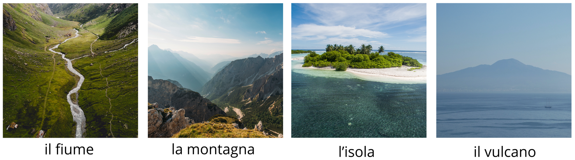 Ilustracja składa się z czterech zdjęć, które kolejno od lewej przedstawiają: rzekę, góry, wyspę, wulkan.