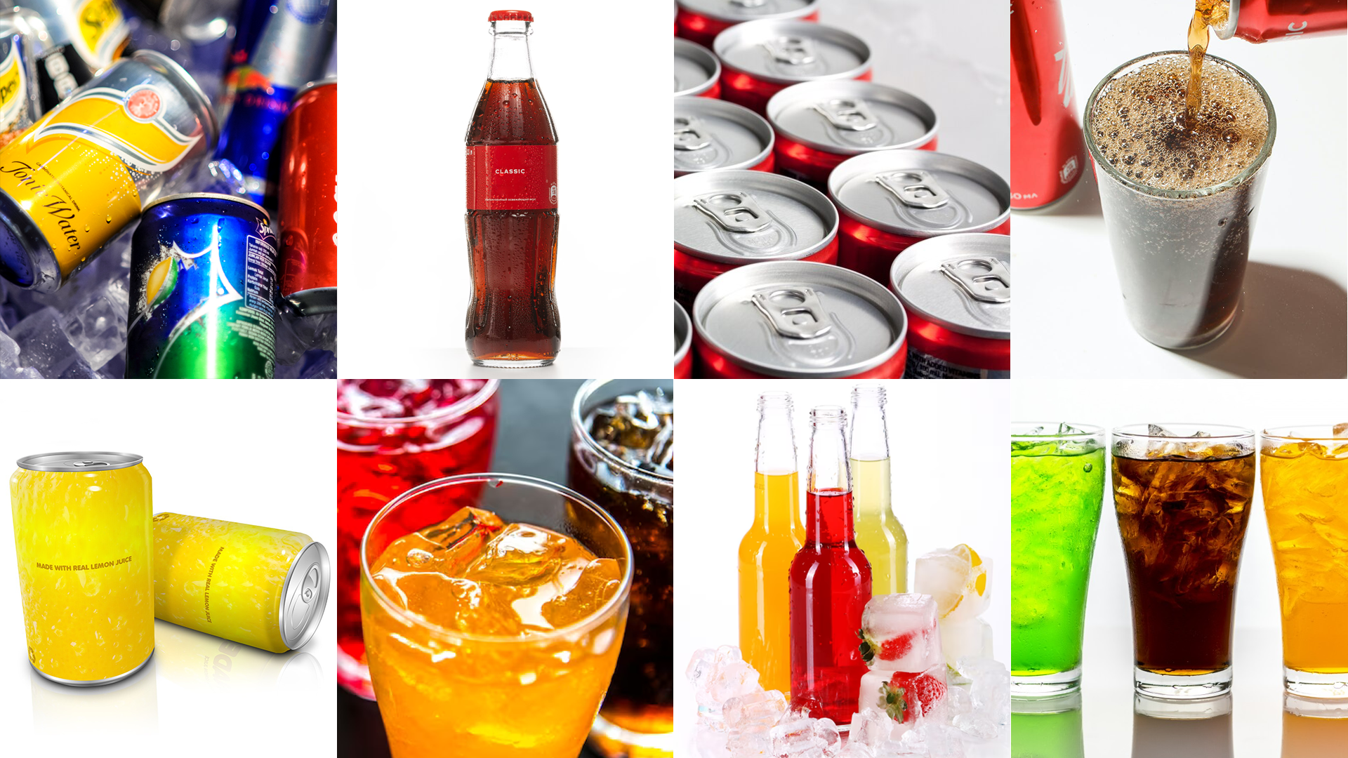 Ilustracja składa się z ośmiu zdjęć ułożonych w dwóch rzędach po cztery.  W górnym rzędzie, od lewej, widoczne są:  zdjęcie puszek i butelek z kolorowymi napojami, zdjęcie szklanej butelki z czerwoną etykietą, zawierającej brązowy napój, zdjęcie ustawionych obok siebie puszek z napojami, zdjęcie szklanki, do której nalewany jest gazowany, brązowy napój. W dolnym rzędzie, od lewej, widoczne są:  zdjęcie dwóch żółtych puszek z napojem gazowanym, zdjęcie trzech szklanek wypełnionych kostkami lodu oraz napojami w kolorze czerwonym, brązowym i żółtym, zdjęcie trzech szklanych butelek stojących na kostkach lodu, wypełnionych napojami w kolorach pomarańczowym, czerwonym i żółtym, zdjęcie trzech szklanek z kostkami lodu oraz napojami w kolorze zielonym, brązowym i pomarańczowym.