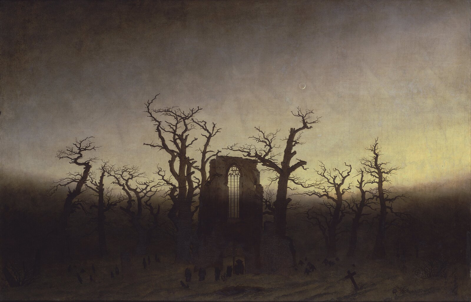 Ilustracja przedstawia cmentarz, na którym są drzewa bez liści i małe nagrobki; w centrum obrazka znajdują się ruiny budynku z wysokim oknem. Ilustracja w ciemnych odcieniach. 