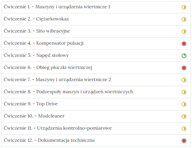 Zdjęcie przedstawia przykładowy wygląd zakładek zawierających interaktywne materiały sprawdzające. Składają się one z prostokątnych paneli umieszczonych jeden pod drugim. Każdy panel posiada numer oraz tytuł, który nawiązuje do zawartego w nim zadania.