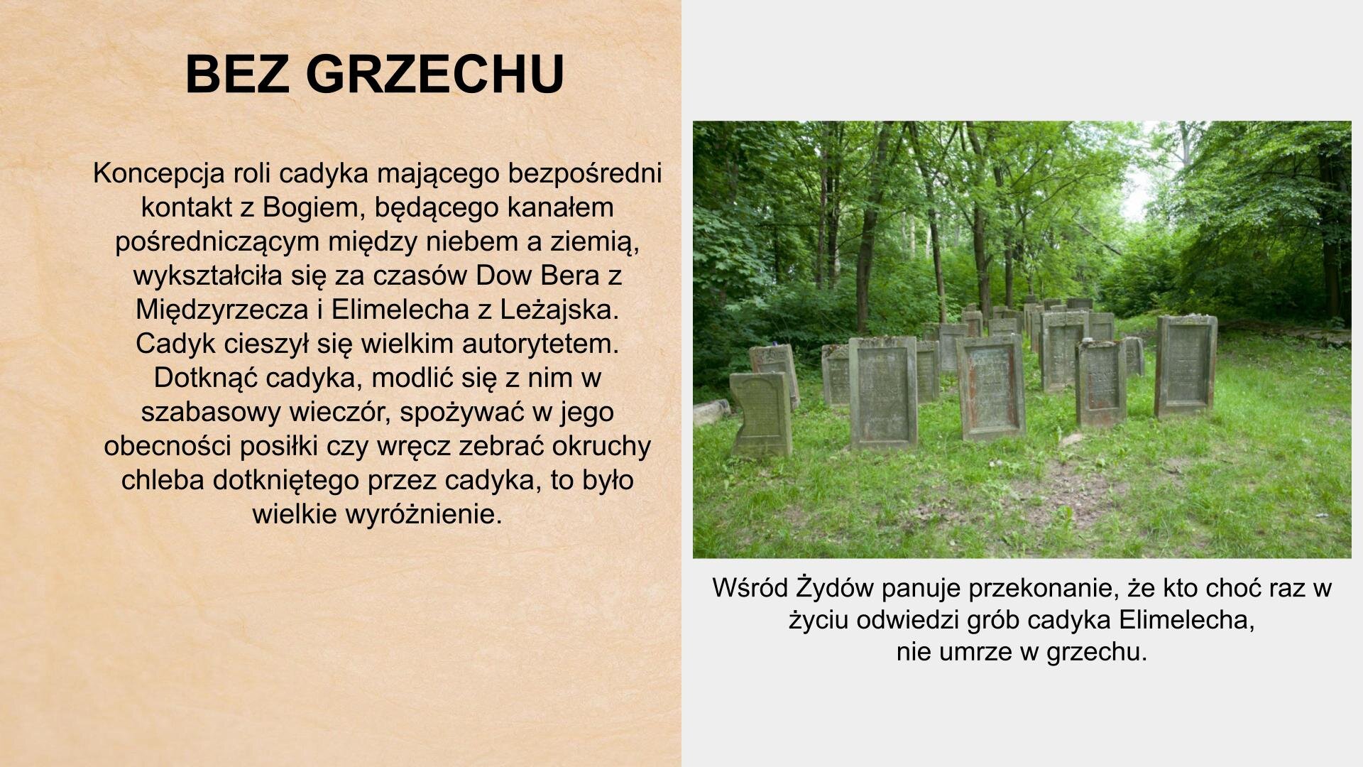 W lewym górnym rogu nagłówek: „Bez grzechu”. Poniżej tekst: „Koncepcja roli cadyka mającego bezpośredni kontakt z Bogiem, będącego kanałem pośredniczącym między niebem a ziemią wykształciła się za czasów Dow Bera z Międzyrzecza i Elimelecha z Leżajska. Cadyk cieszył się wielkim autorytetem.  Dotknąć cadyka, modlić się z nim w szabasowy wieczór, spożywać w jego obecności posiłki, czy wręcz zebrać okruchy chleba dotkniętego przez cadyka to było wielkie wyróżnienie”. Po prawej stronie slajdu zdjęcie przedstawiające stojące płyty nagrobne z hebrajskimi literami. W tle las. Pod zdjęciem tekst: „Wśród Żydów panuje przekonanie, że kto choć raz w życiu odwiedzi grób cadyka Elimelecha, nie umrze w grzechu”.