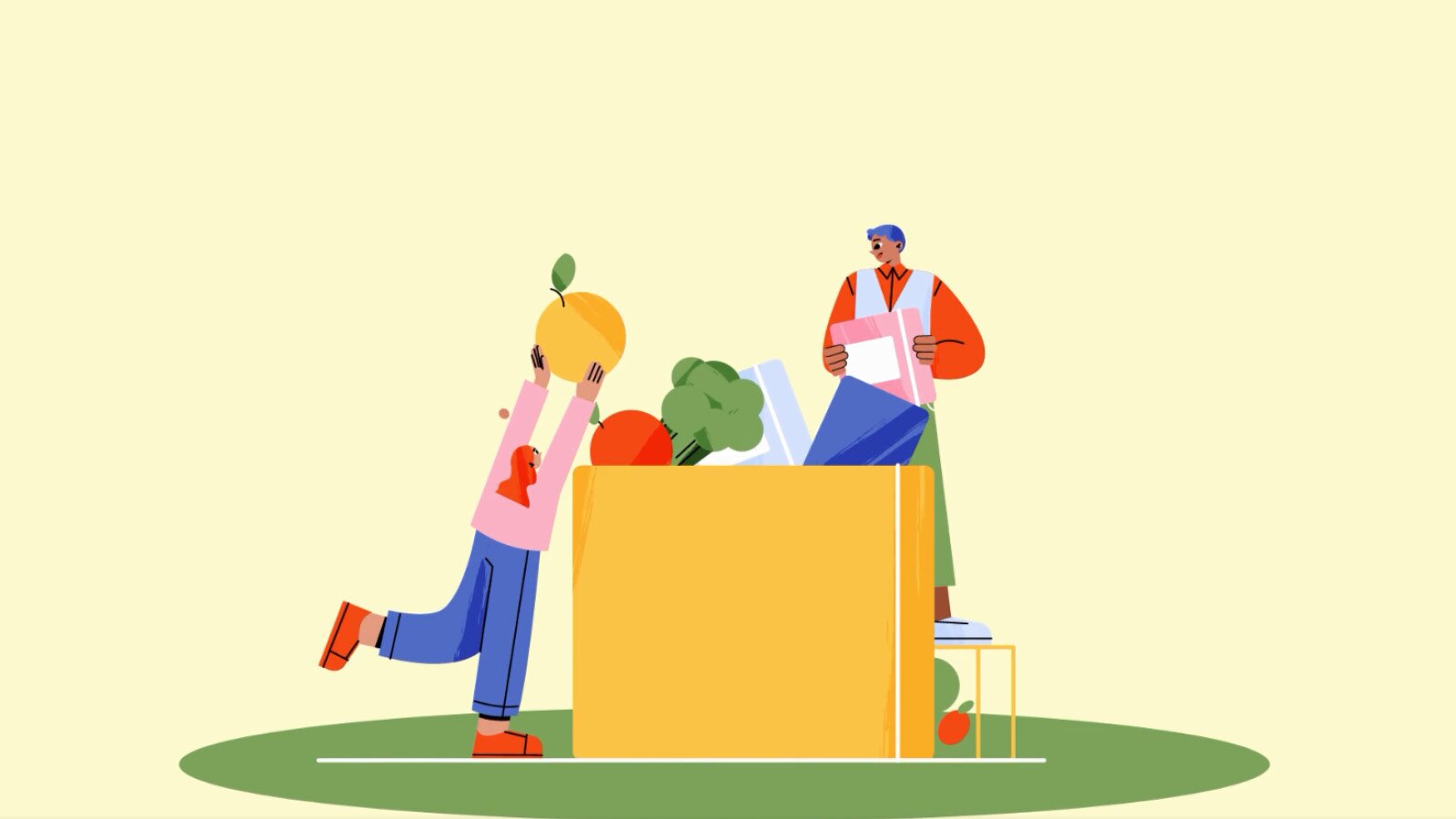 Foodsharing .
Wenn du Geld sparen und gleichzeitig etwas gegen die Verschwendung von Lebensmitteln tun willst, ist Foodsharing die richtige Lösung für dich. Dabei teilt man bereits gekaufte Waren mit anderen. Melde dich also bei einem Foodsharing‑Portal an.
Ilustracja przedstawia rysunek dużego kartonu z zakupami i dwóch klientów wkładających do niego swoje produkty.