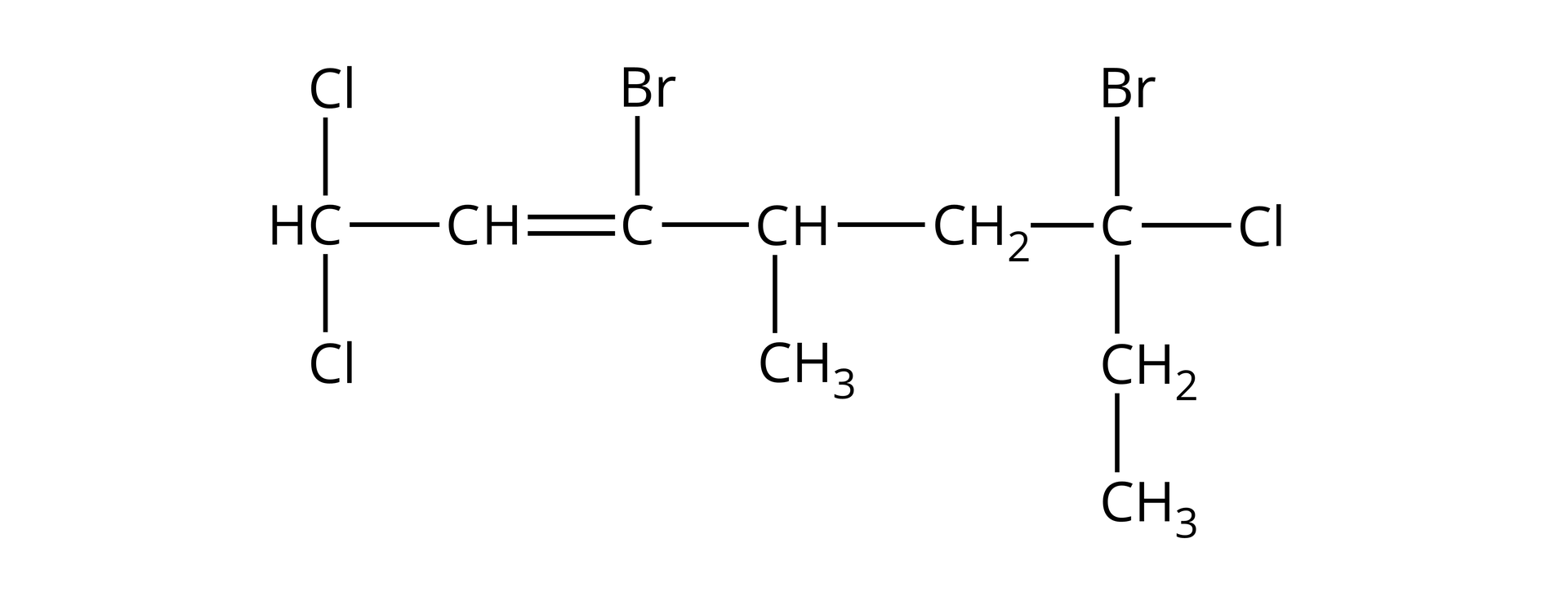Ilustracja przedstawiająca wzór związku zbudowanego z grupy CH podstawionej dwoma atomami chloru i związanej z kolejną grupą CH połączoną za pomocą wiązania podwójnego z atomem węgla podstawionym atomem bromu oraz związanym z grupą CH podstawioną grupą metylową CH3 oraz metylenową CH2. Grupa metylenowa łączy się z atomem węgla związanym z grupą etylową CH2CH3, z atomem bromu oraz z atomem chloru.