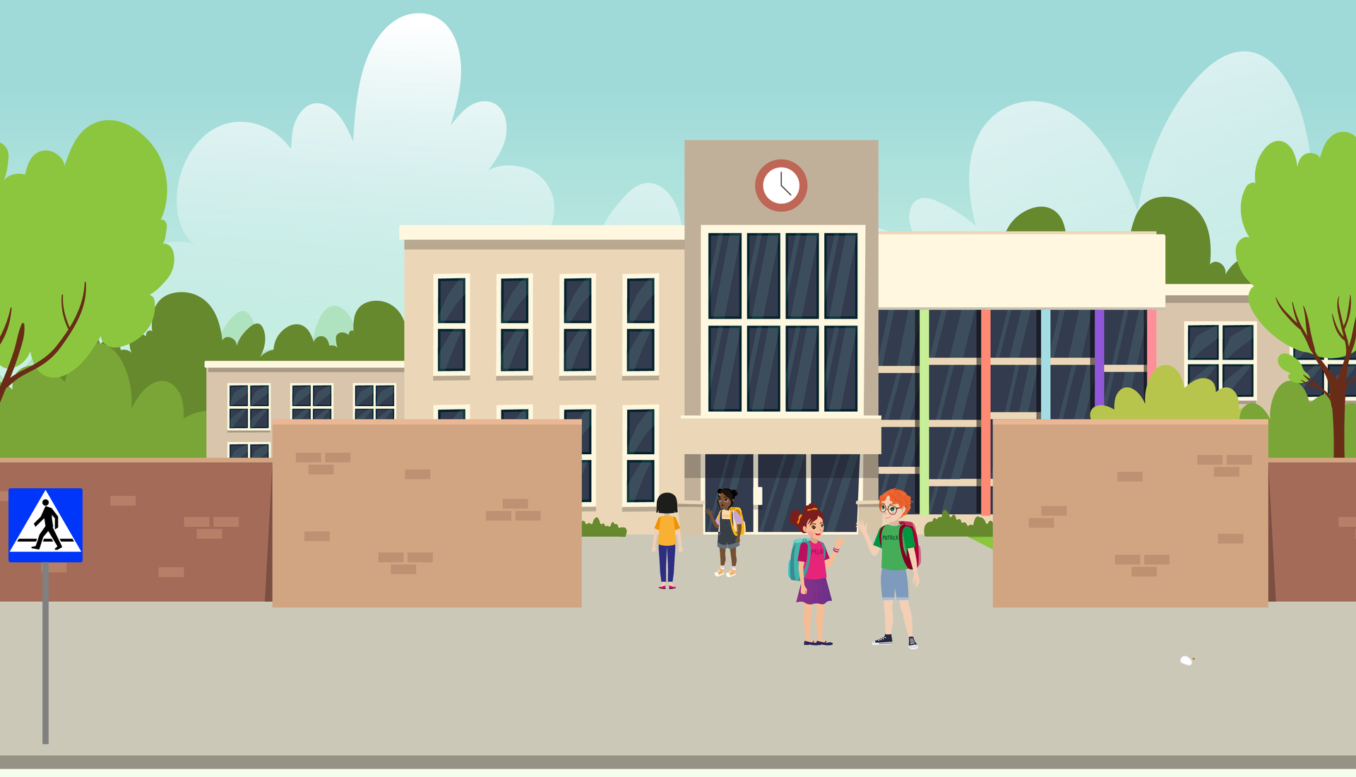 Ilustracja przedstawia budynek szkolny. Budynek posiada liczne okna oraz zegar z godziną piątą. Przed budynkiem znajdują się dzieci. 