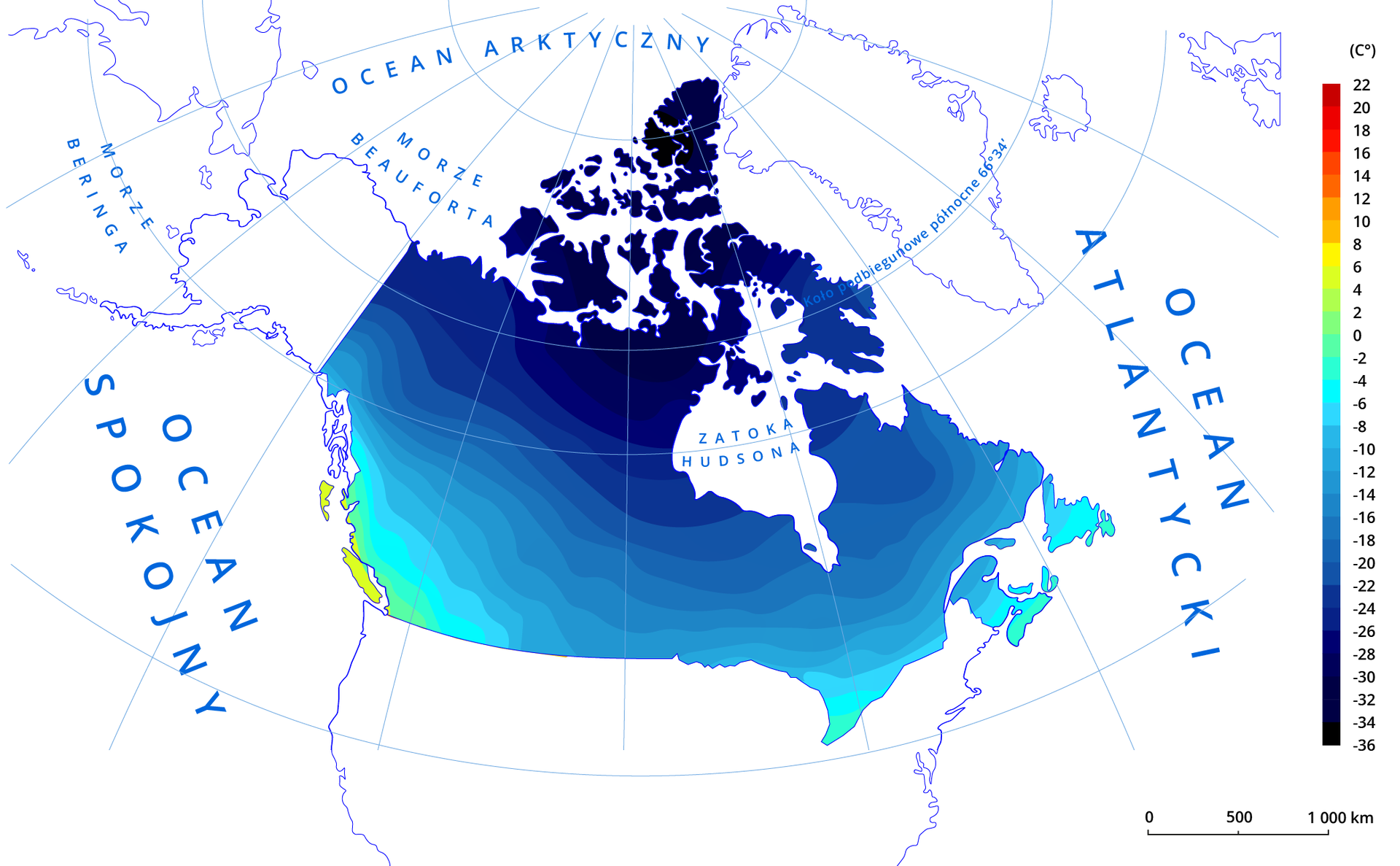 Mapa przedstawia średnią temperaturą powietrza zimą w Kanadzie. Rozkład temperatury układa się równoleżnikowo. Najwyższe temperatury do 8°C są na południu, najniższe na północy - -36°C.