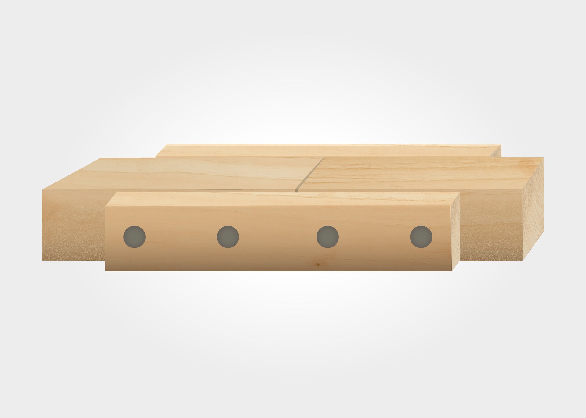 Grafika przedstawia złącze wrębowe na styk z łubkami drewnianymi. Dwa elementy łączą się, stykając powierzchnią przekroju. Złącze wzmocnione jest dodatkowo drewnianymi listewkami umieszczonymi po bokach łączonych elementów. Listewki przymocowane są za pomocą śrub.