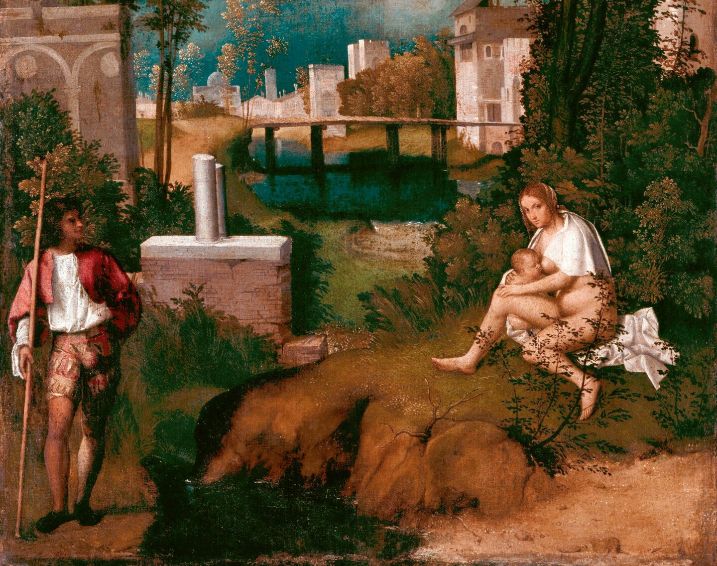 Obraz przedstawia trójkę ludzi na polanie. W tle widać miasto i most. Mężczyzna, ubrany, opiera się o długą tyczkę. Nieopodal siedzi naga kobieta, która karmi piersią dziecko. Patrzy w stronę obserwatora. Jej ramiona okryte są białą szatą, widać jednak, że jest ona naga. Scena rozgrywa się na łonie natury, nad rzeką.