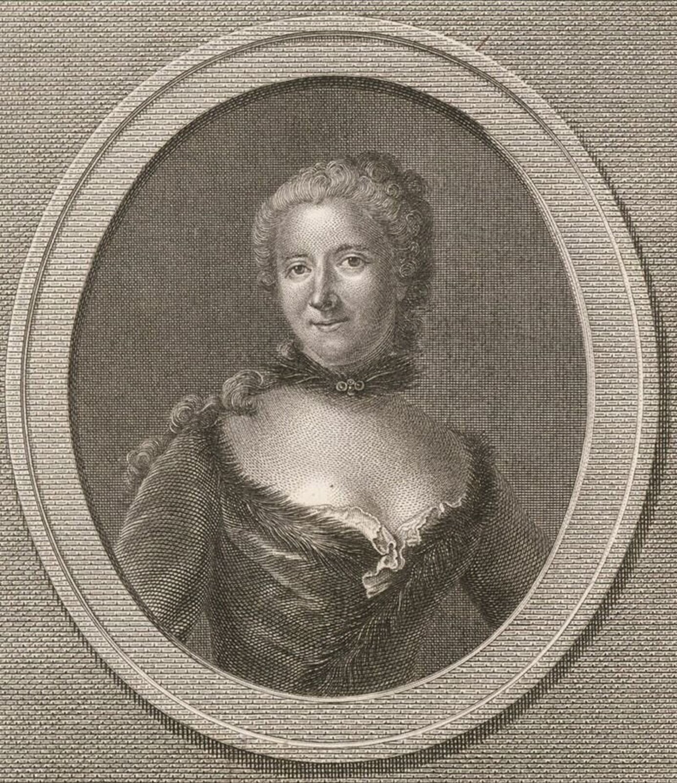 Rys. a. Rycina przedstawia portret Emilie du Châtelet, francuskiej matematyczki, fizyczki i pisarki, pochodzącej z Paryża. Portret przedstawia popiersie młodej kobiety w owalnej pionowej ramie. Kobieta ubrana jest w suknię z głębokim dekoltem, ma długie, lekko ufryzowane włosy. Uśmiecha się delikatnie do portretującego. Portret Emilie du Châtelet wykonał słynny francuski rytownik Louis‑Simon Lempereur. Uczonej przypisuje się słynne słowa "Inteligencja nie ma płci".