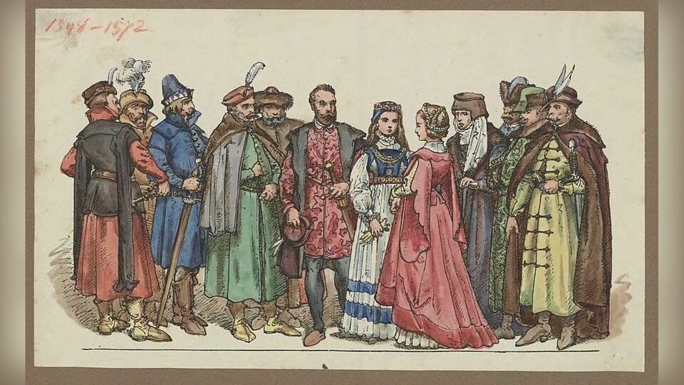 Obraz przedstawia grupę trzech kobiet i dziewięcu mężczyzn ubranych w stroje szlacheckie. Dwie młodsze kobiety noszą długie, marszczone w pasie, strojne suknie z wysokim stanem, trzecia, starsza ma na sobie czarną, prostą suknię, włosy zaś schowane pod płaską czapką. Najmłodsza z kobiet ma rozpuszczone włosy, nieco starsza, upięte. Mężczyźni noszą żupany i długie kontusze, czapki futrzane, przyozdobione piórami. Na nogach mają buty z cholewami. U boków przypięte szable lub miecze. 