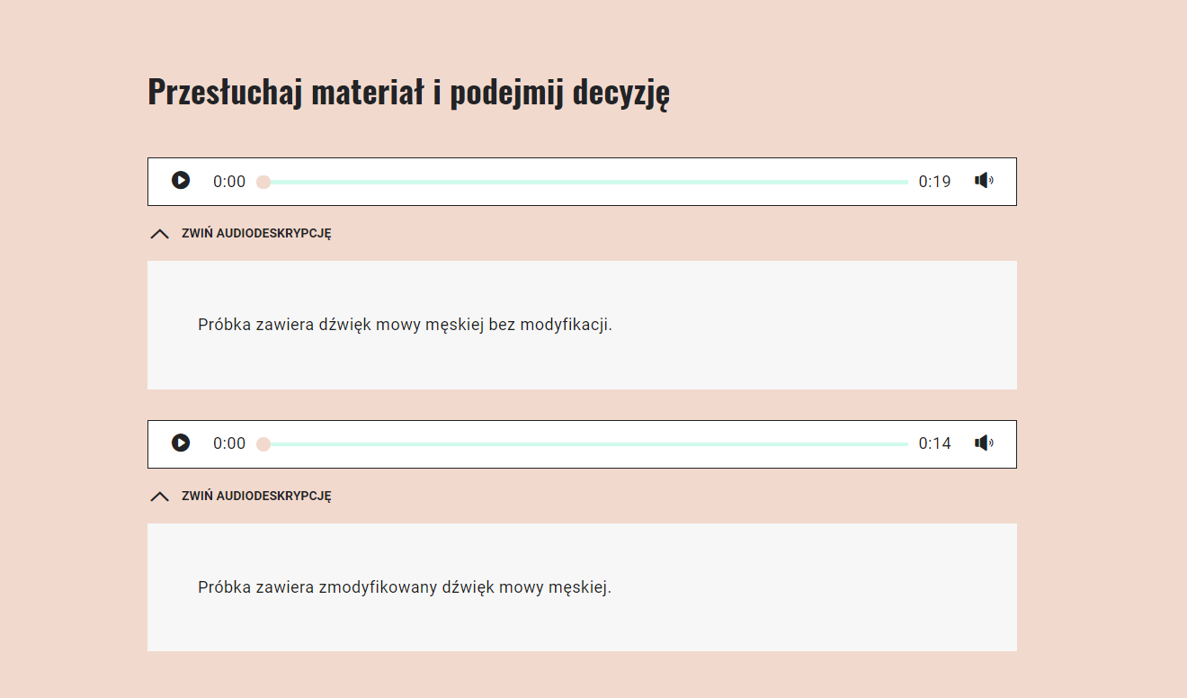 Grafika przedstawia panel gry, na którym widać nagrania dźwiękowe z odtwarzaczem do ich obsługi oraz tekstami audiodeskrypcji umieszczonymi poniżej nagrań.